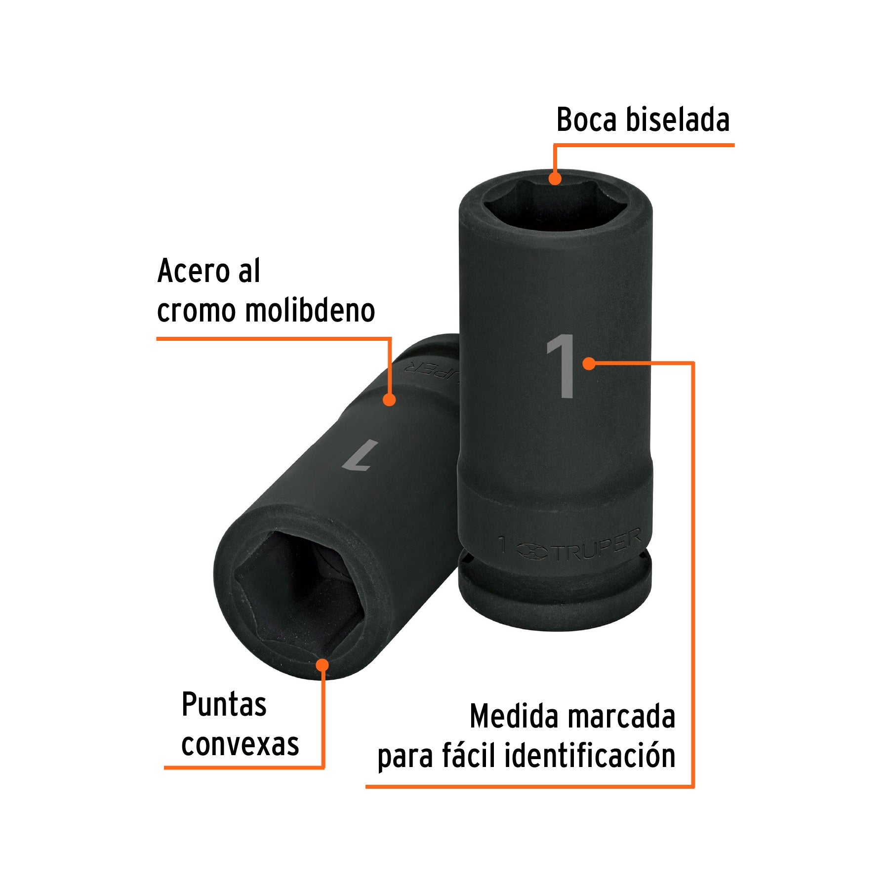 Dado largo de impacto de 1", 6 puntas, cuadro 3/4", TRUPER
