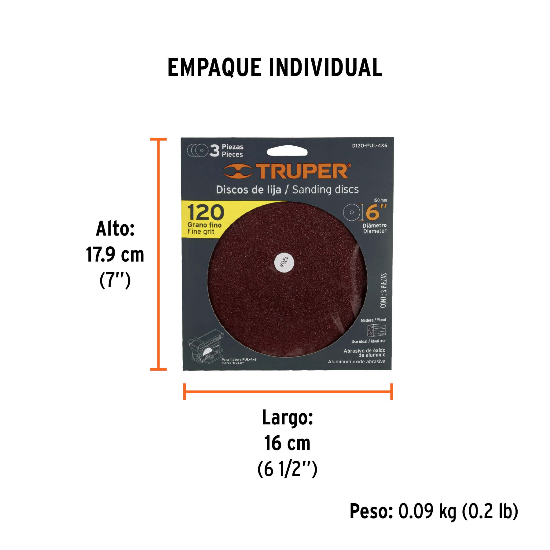 Paquete con 3 discos de lija 6" grano 120, para PUL-4X6T - Empaque