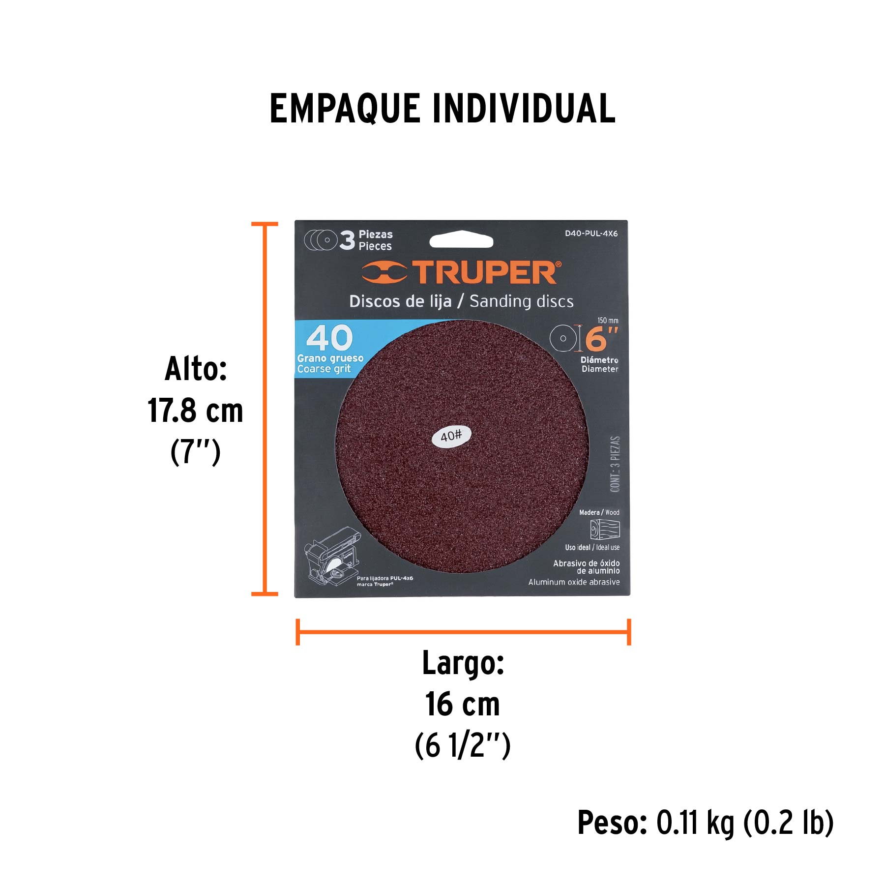 Paquete con 3 discos de lija 6" grano 40, para PUL-4X6T - Empaque