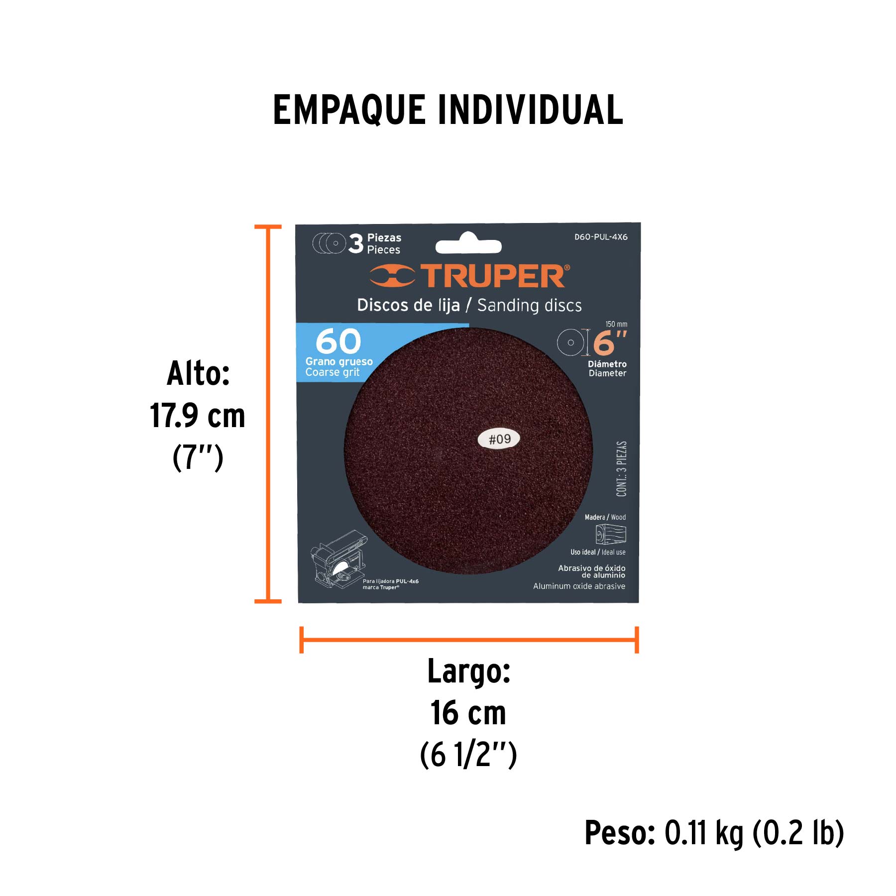 Paquete con 3 discos de lija 6" grano 60, para PUL-4X6T - Empaque