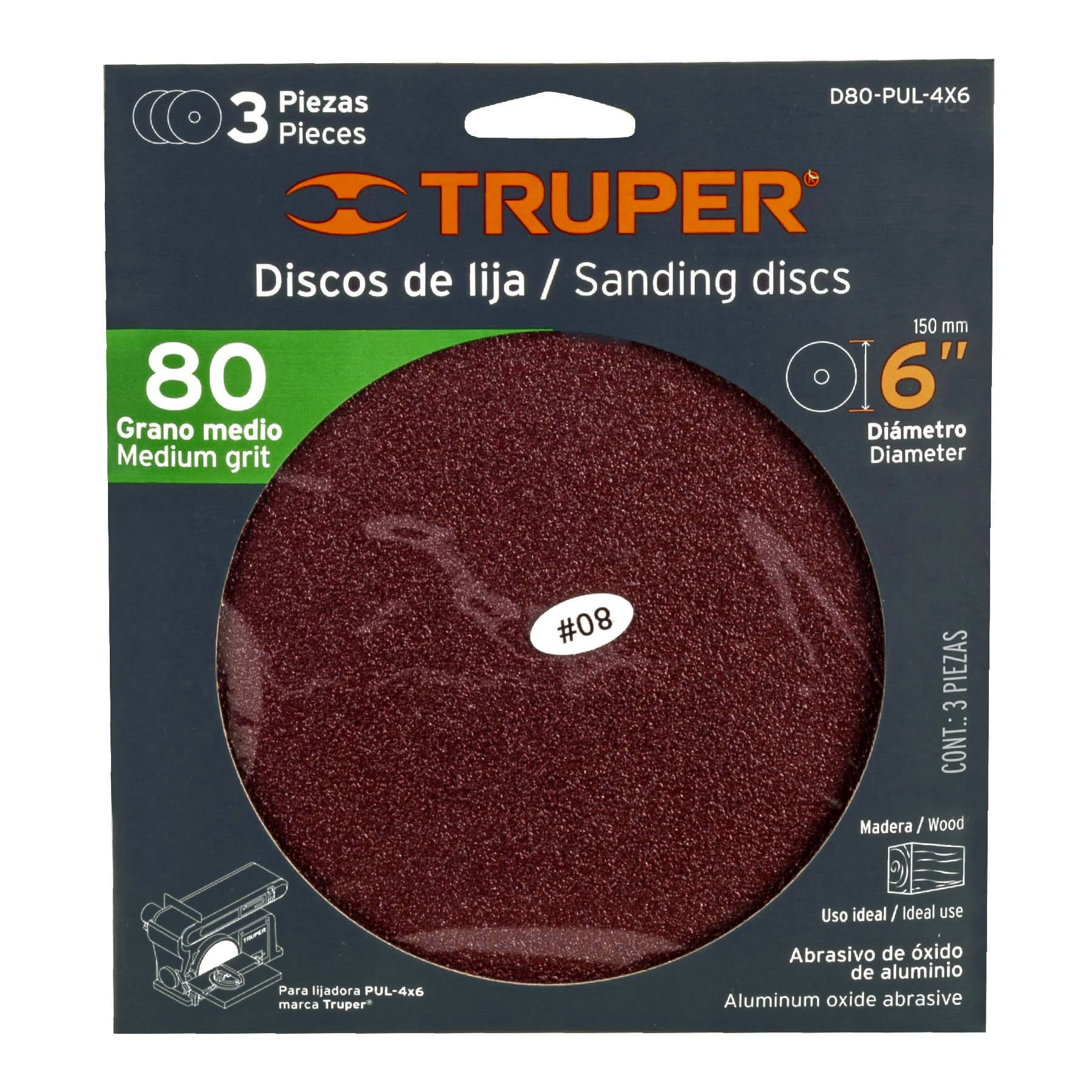 Paquete con 3 discos de lija 6" grano 80, para PUL-4X6T