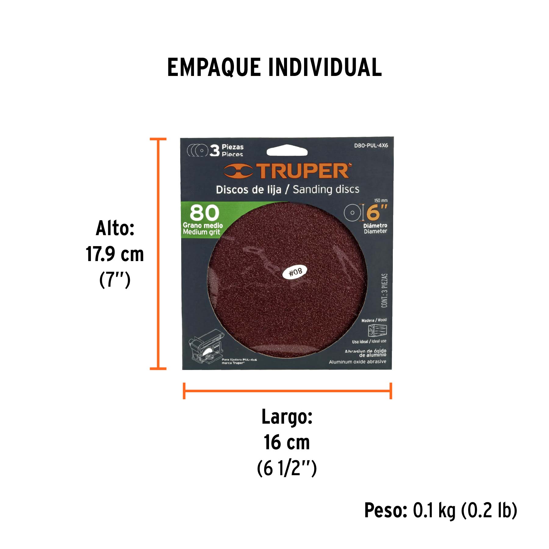 Paquete con 3 discos de lija 6" grano 80, para PUL-4X6T - Empaque