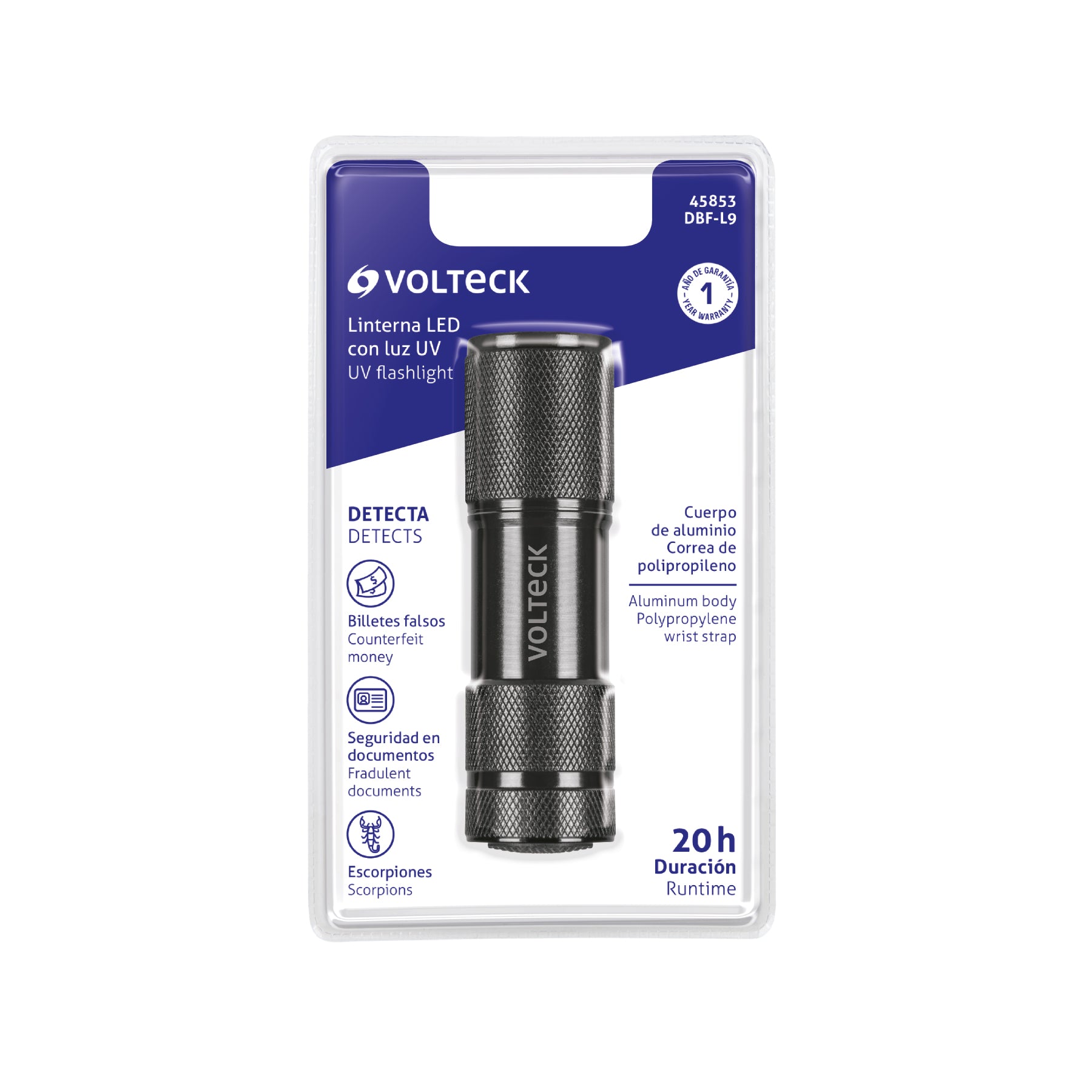 Linterna LED con luz ultravioleta, VOLTECK