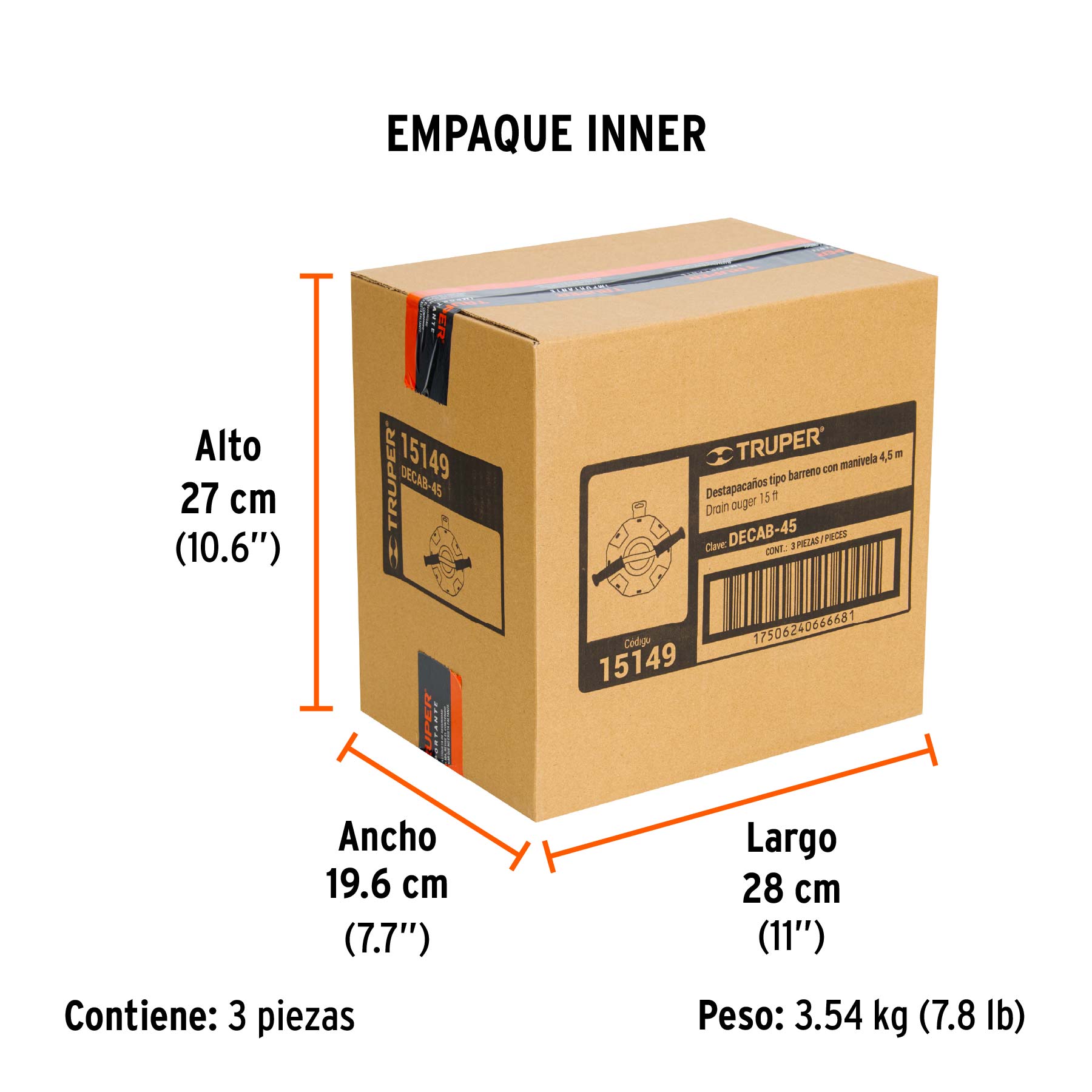 Destapacaños de 4.5 m tipo barreno con manivela, TRUPER - Empaque
