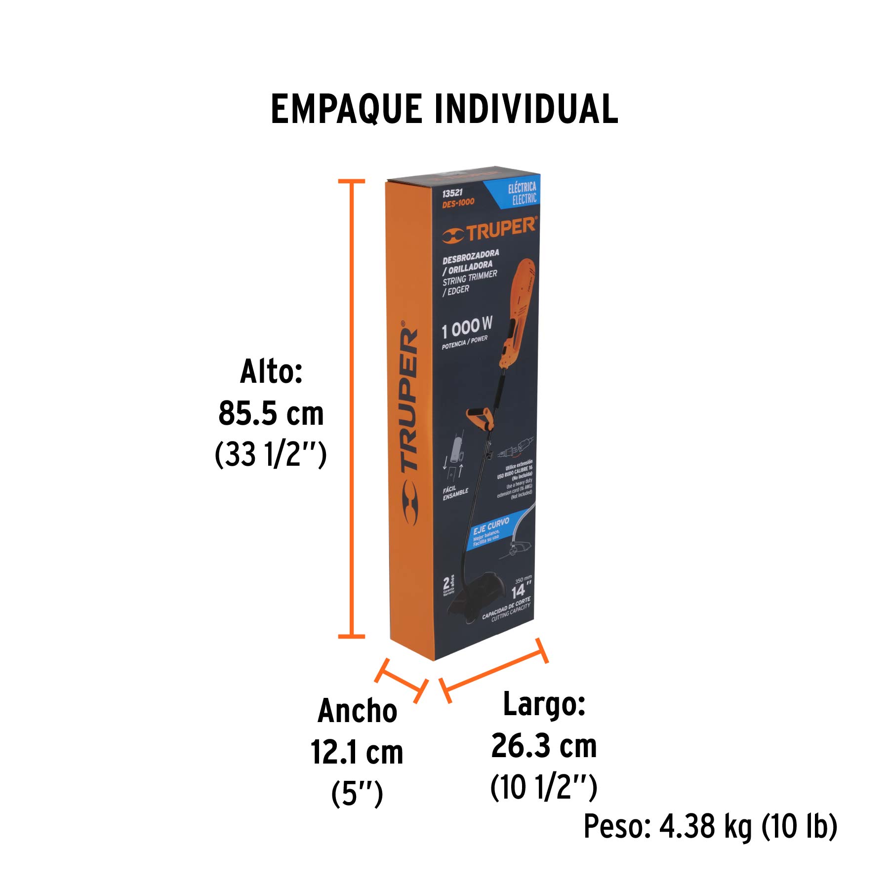 Desbrozadora eléctrica 1000 W mango "D", 14" corte, TRUPER - Empaque