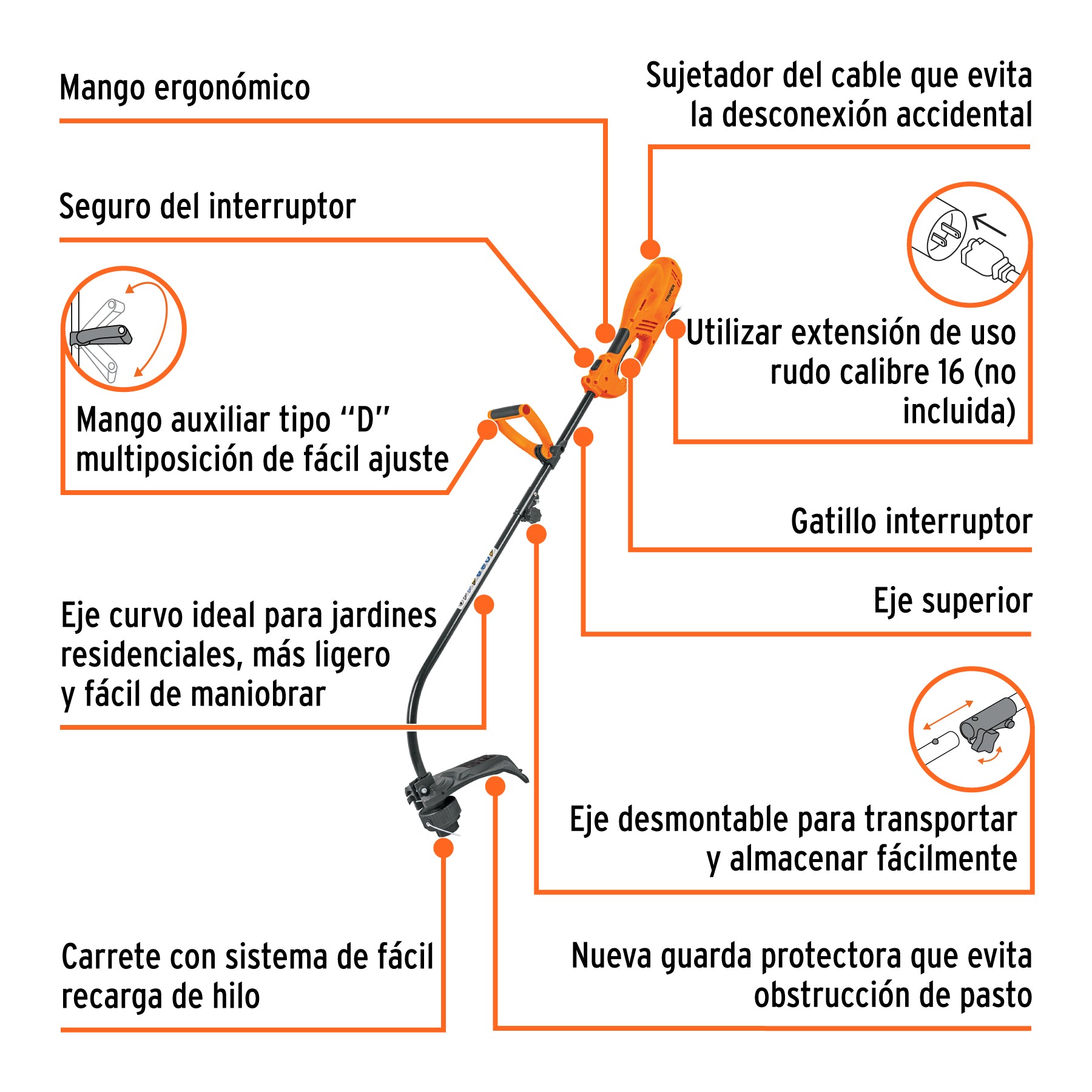 Desbrozadora eléctrica 1000 W mango "D", 14" corte, TRUPER