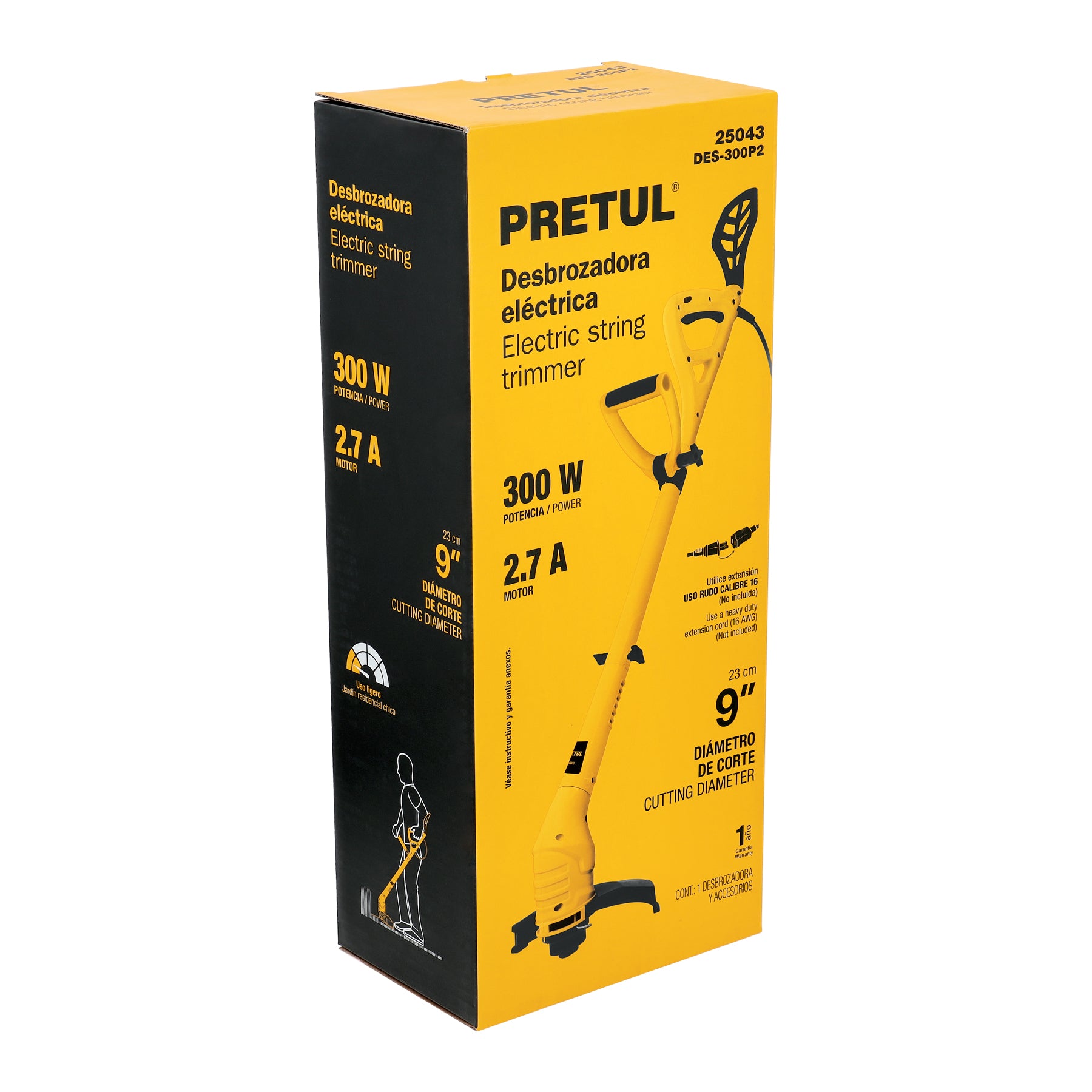 Desbrozadora eléctrica 300 W mango "D", 9" corte, PRETUL