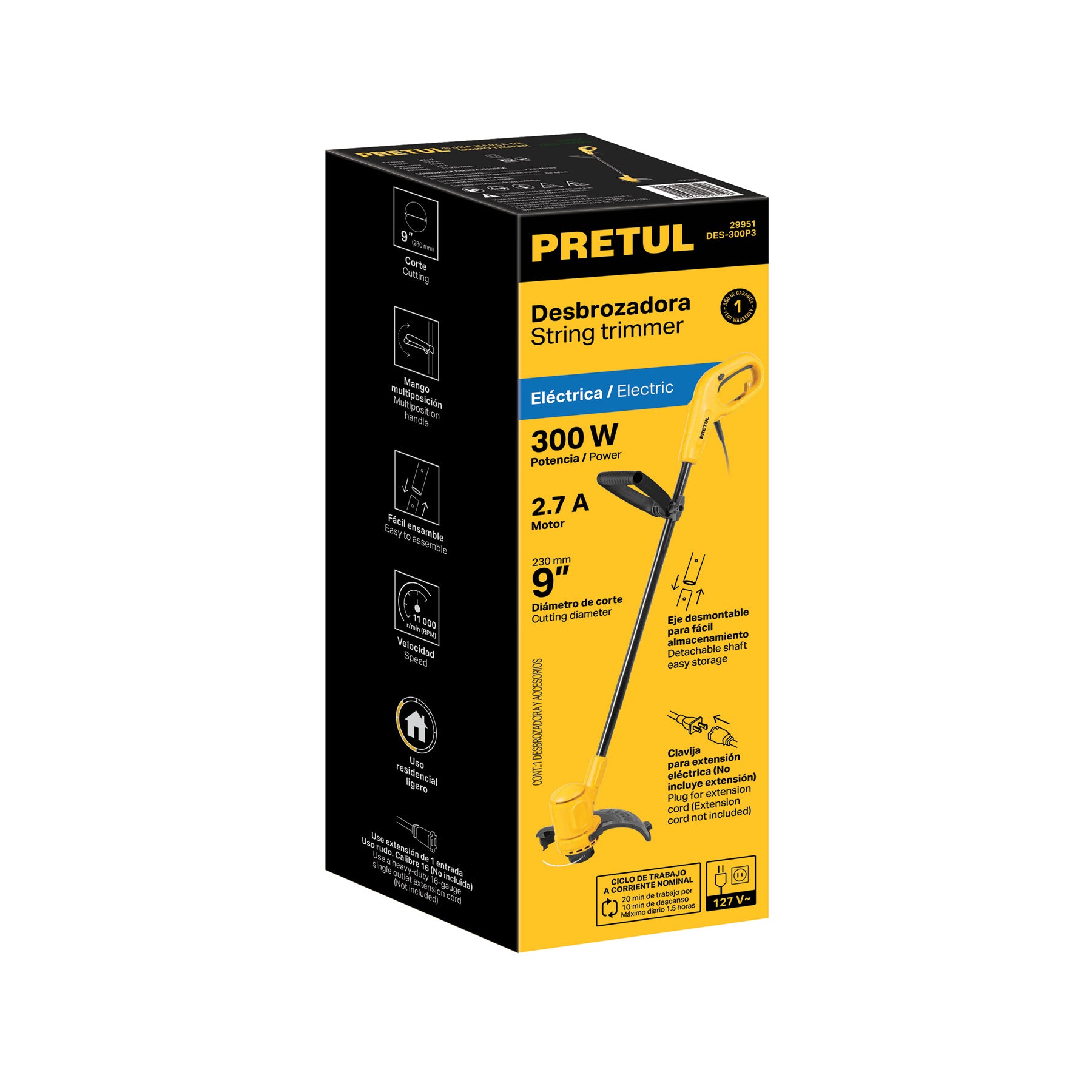 Desbrozadora eléctrica 300 W mango "D", 9" corte, PRETUL