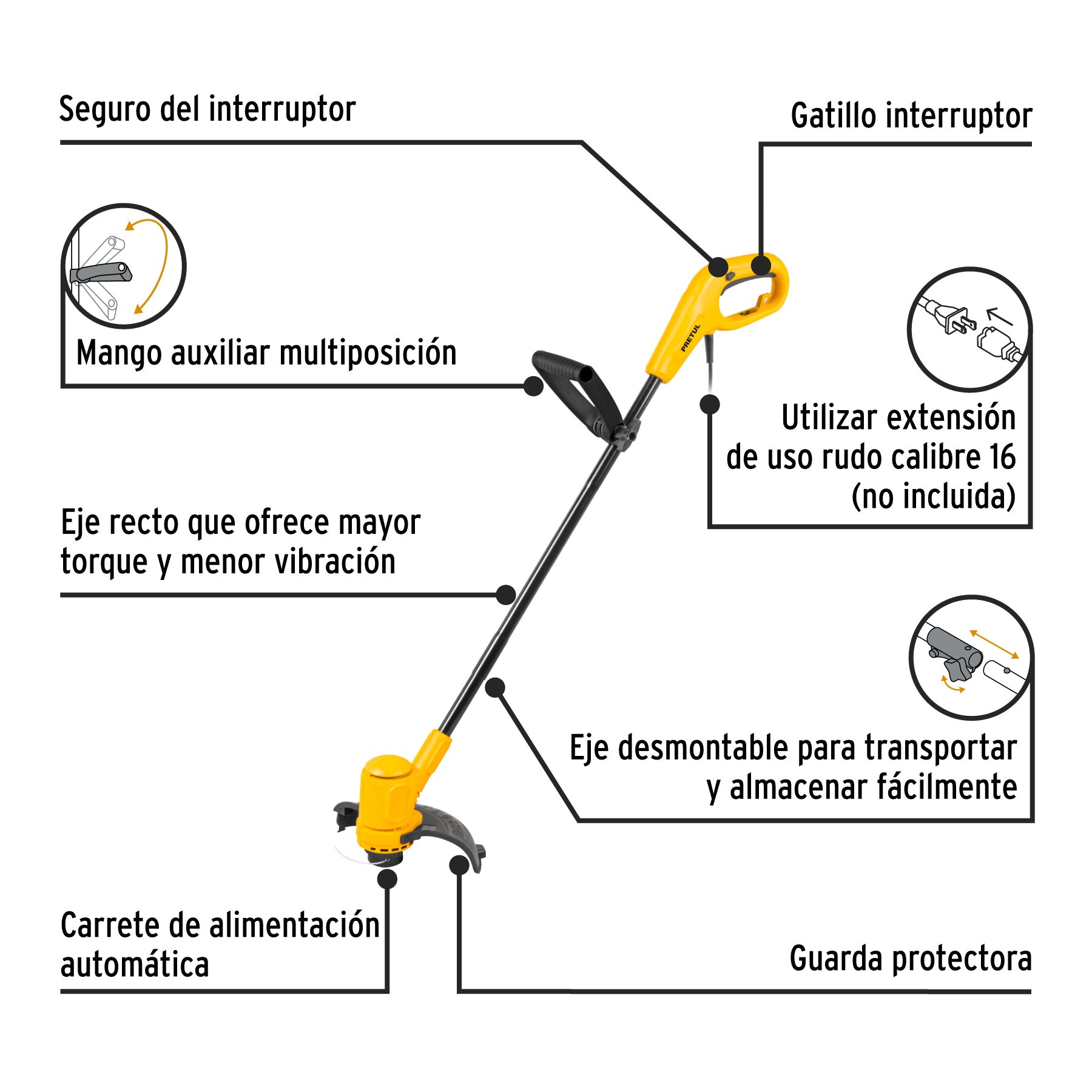 Desbrozadora eléctrica 300 W mango "D", 9" corte, PRETUL