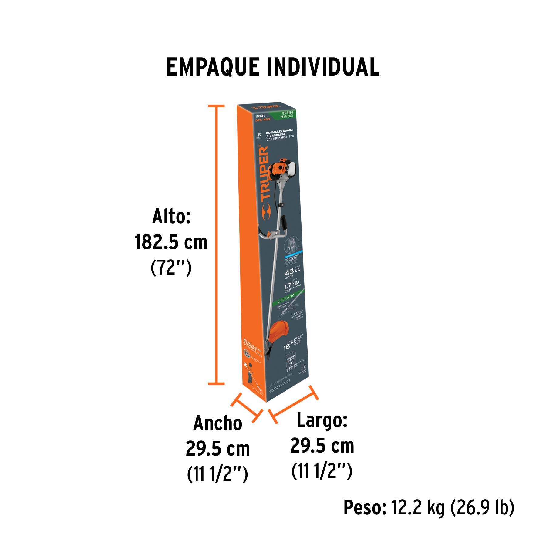 Desmalezadora a gasolina 43 cc mango "bici", 18" corte - Empaque