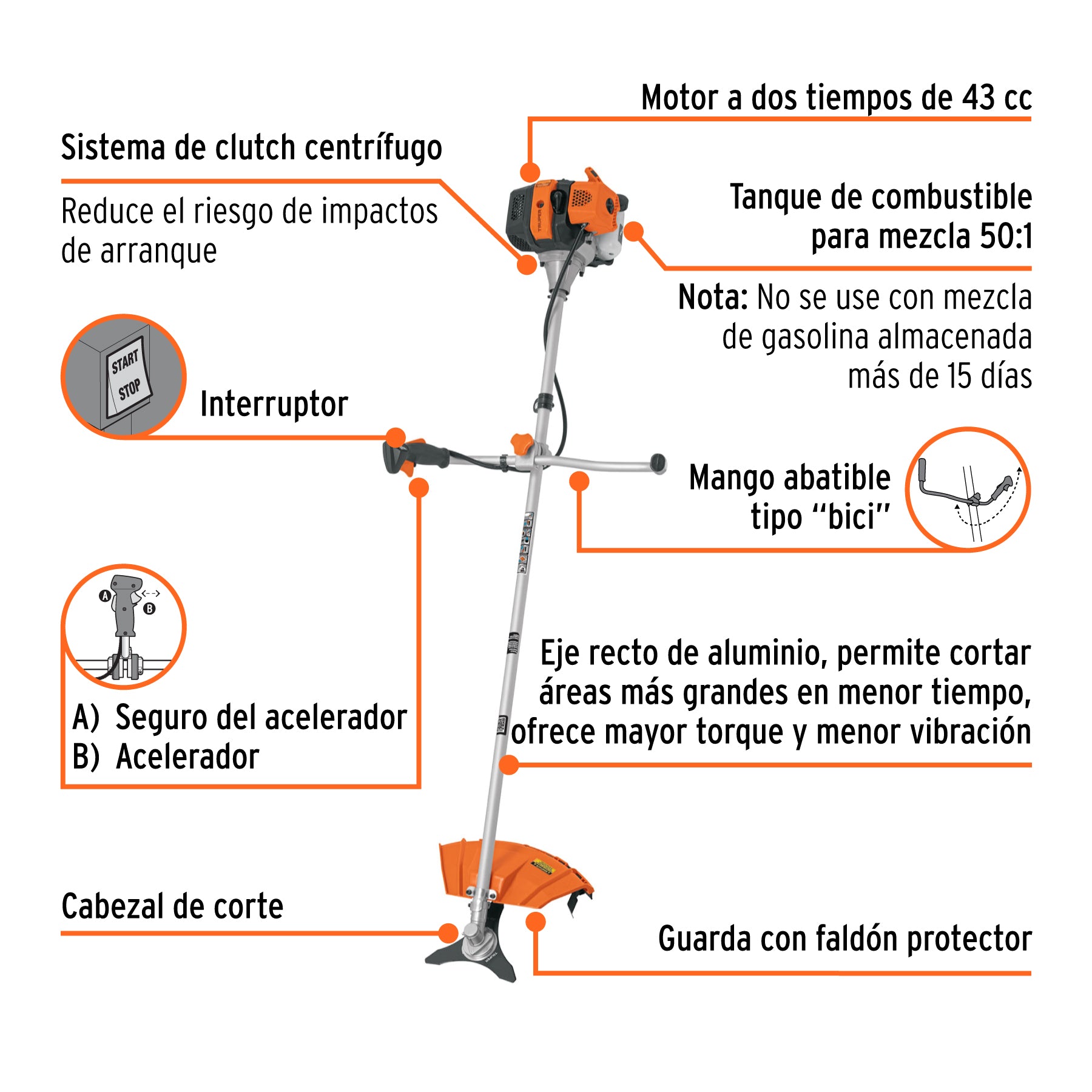 Desmalezadora a gasolina 43 cc mango "bici", 18" corte