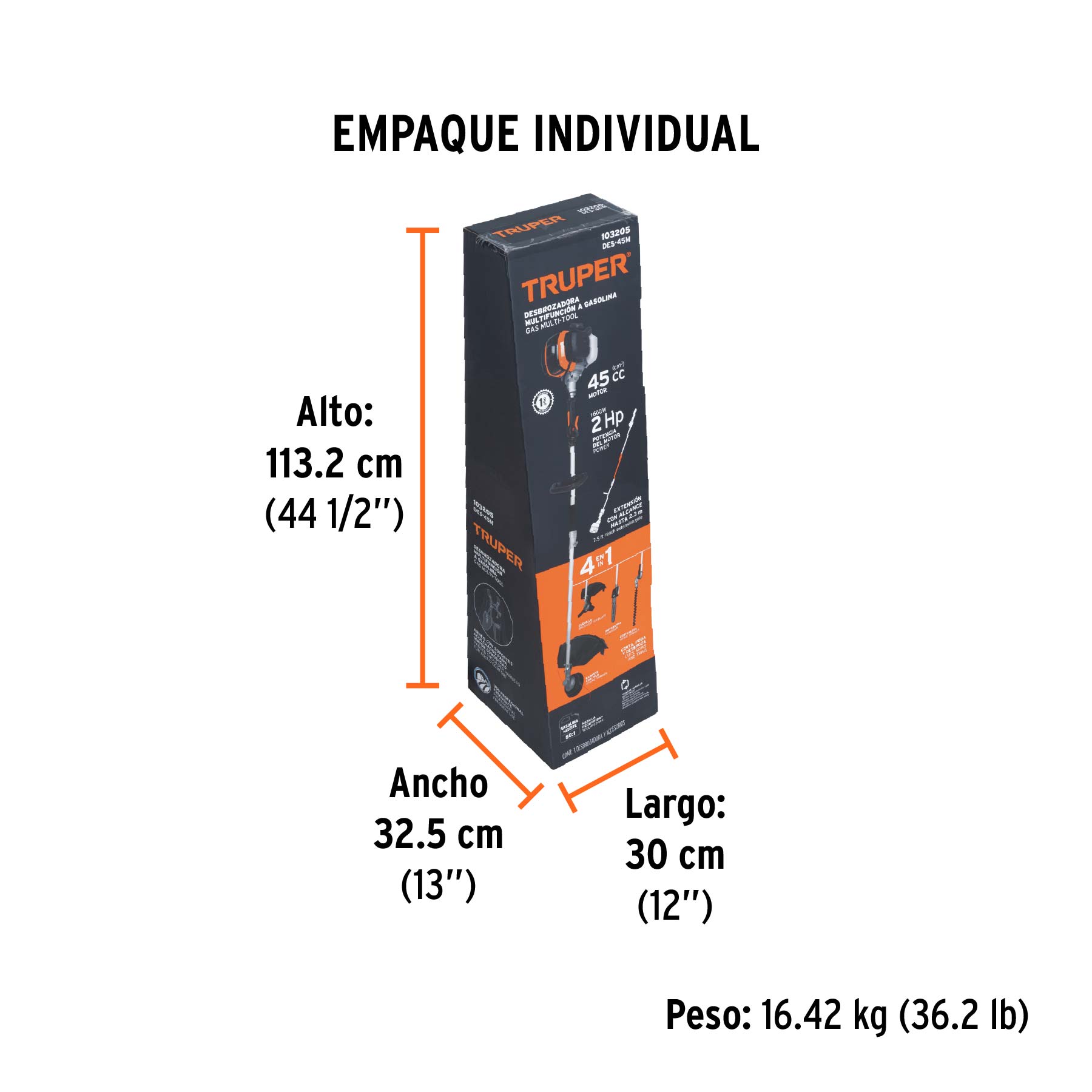 Desbrozadora multifuncional 4 en 1, a gasolina 45 cc, TRUPER - Empaque