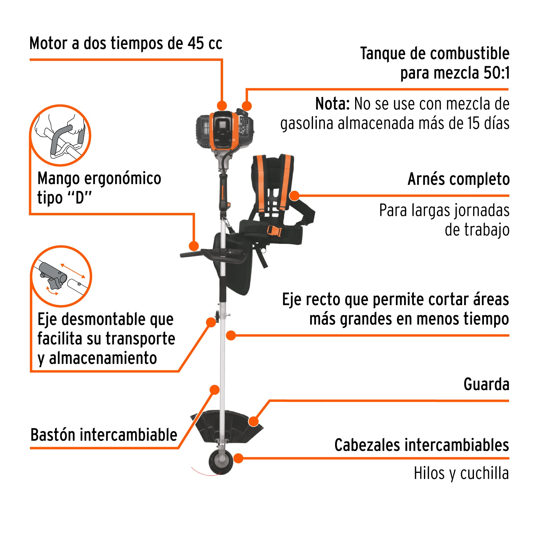 Desbrozadora multifuncional 4 en 1, a gasolina 45 cc, TRUPER