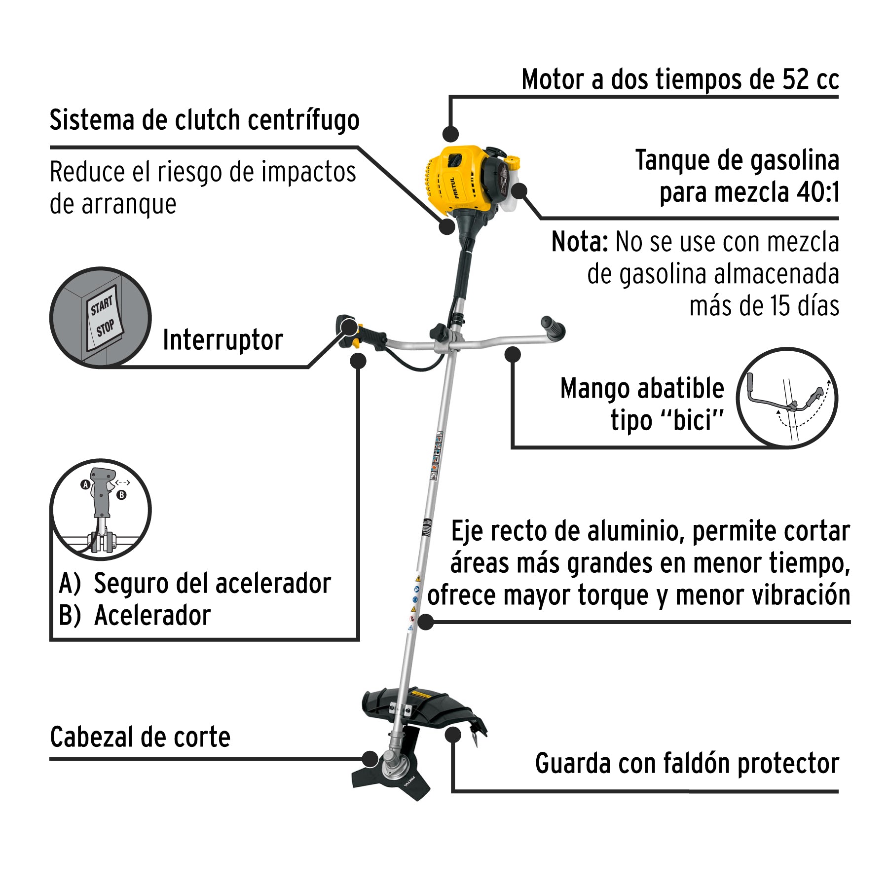 Desmalezadora a gasolina 52 cc mango tipo "bici" , PRETUL