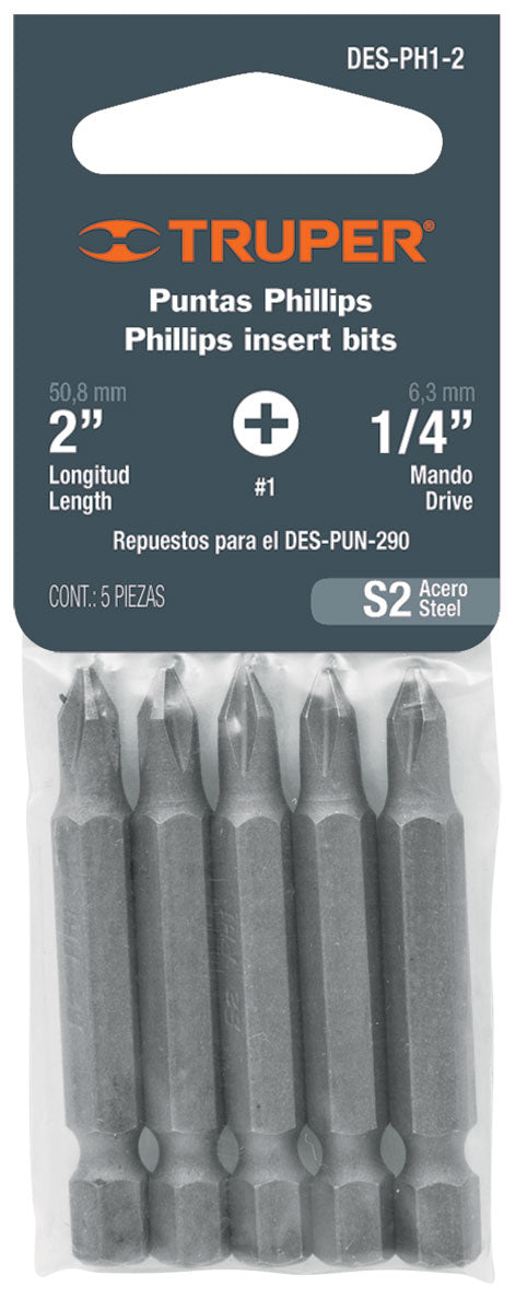 Puntas Phillips PH1, 2", 5 piezas