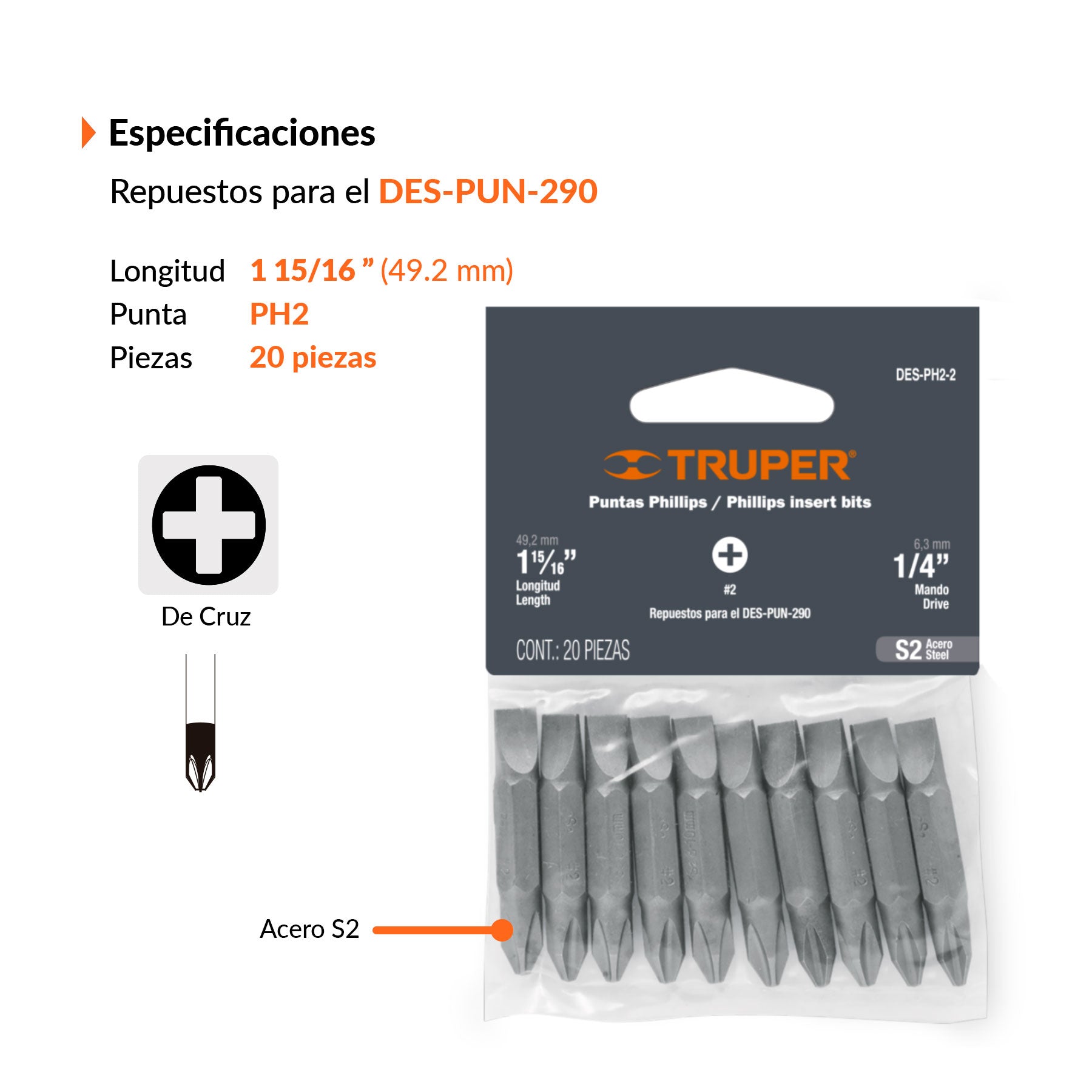 Puntas Phillips PH2, 2", 20 piezas