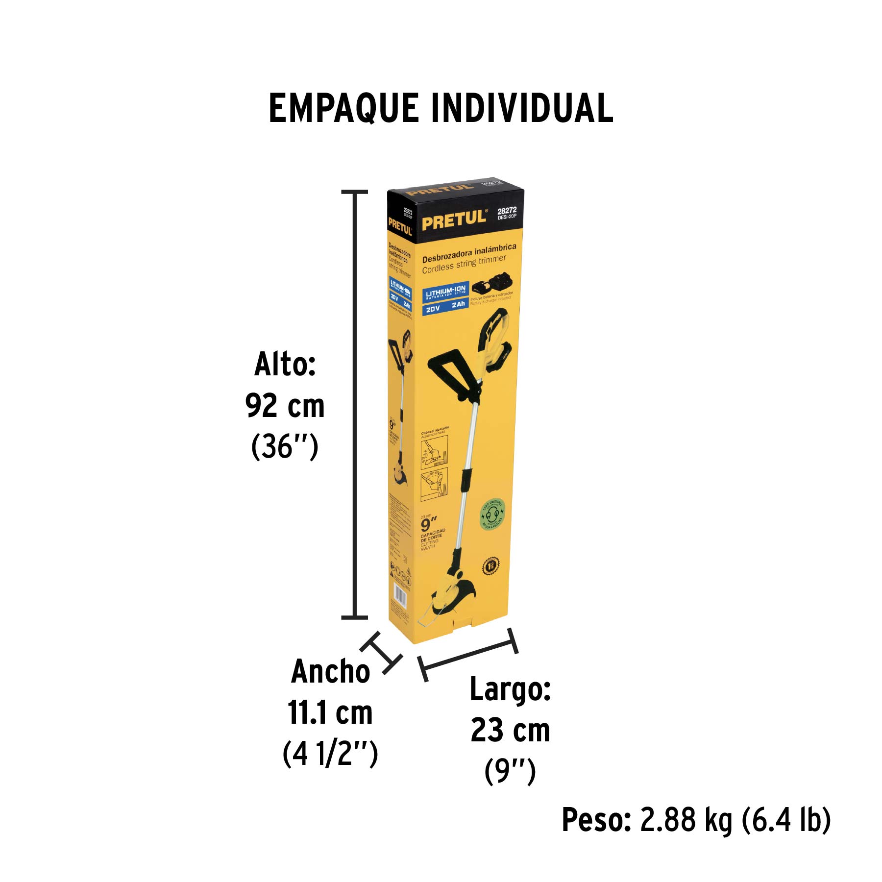 Desbrozadora inalámbrica 20V, 1 batería 2Ah, 1 carg. PRETUL - Empaque