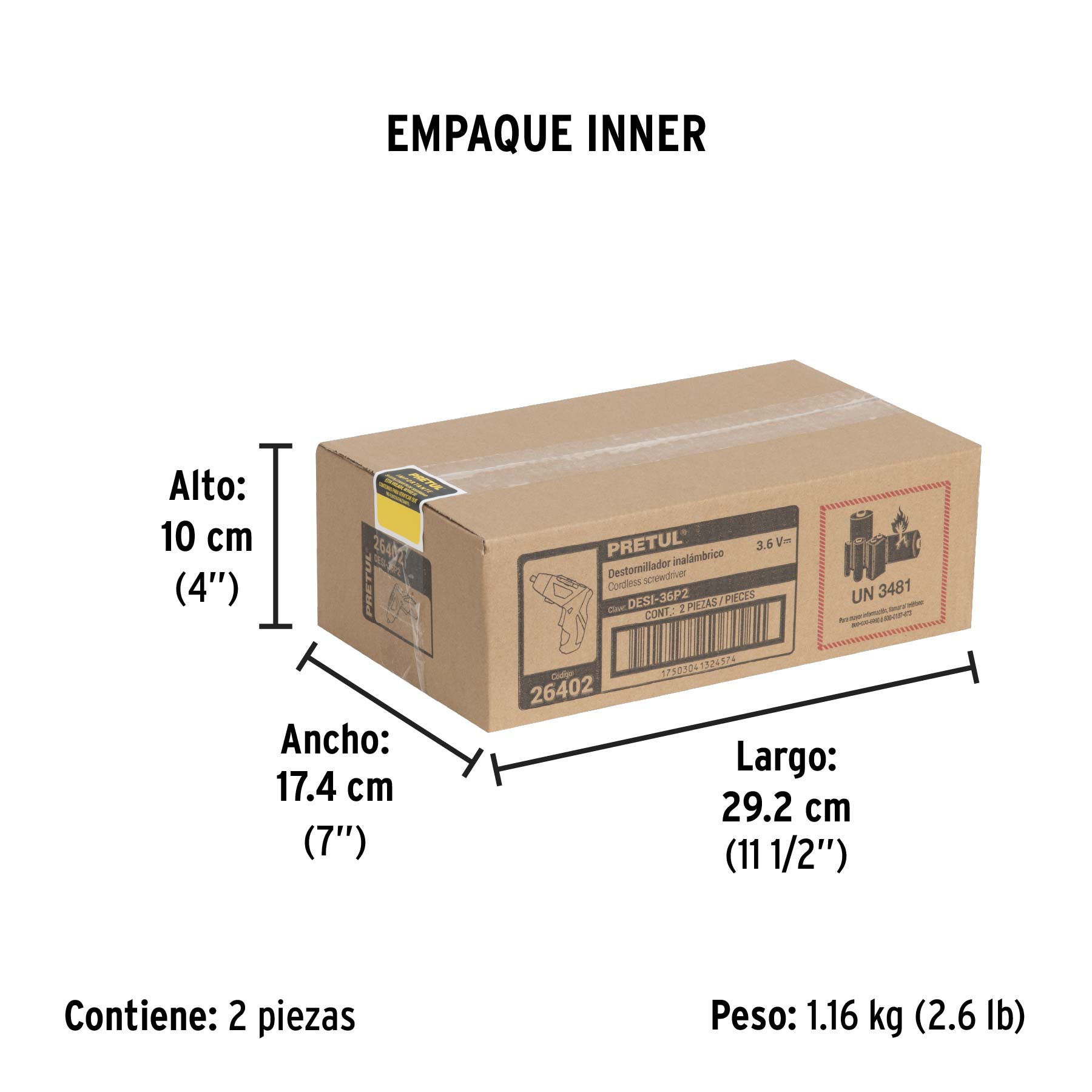 Destornillador de dos posiciones, 3.6V, PRETUL - Empaque