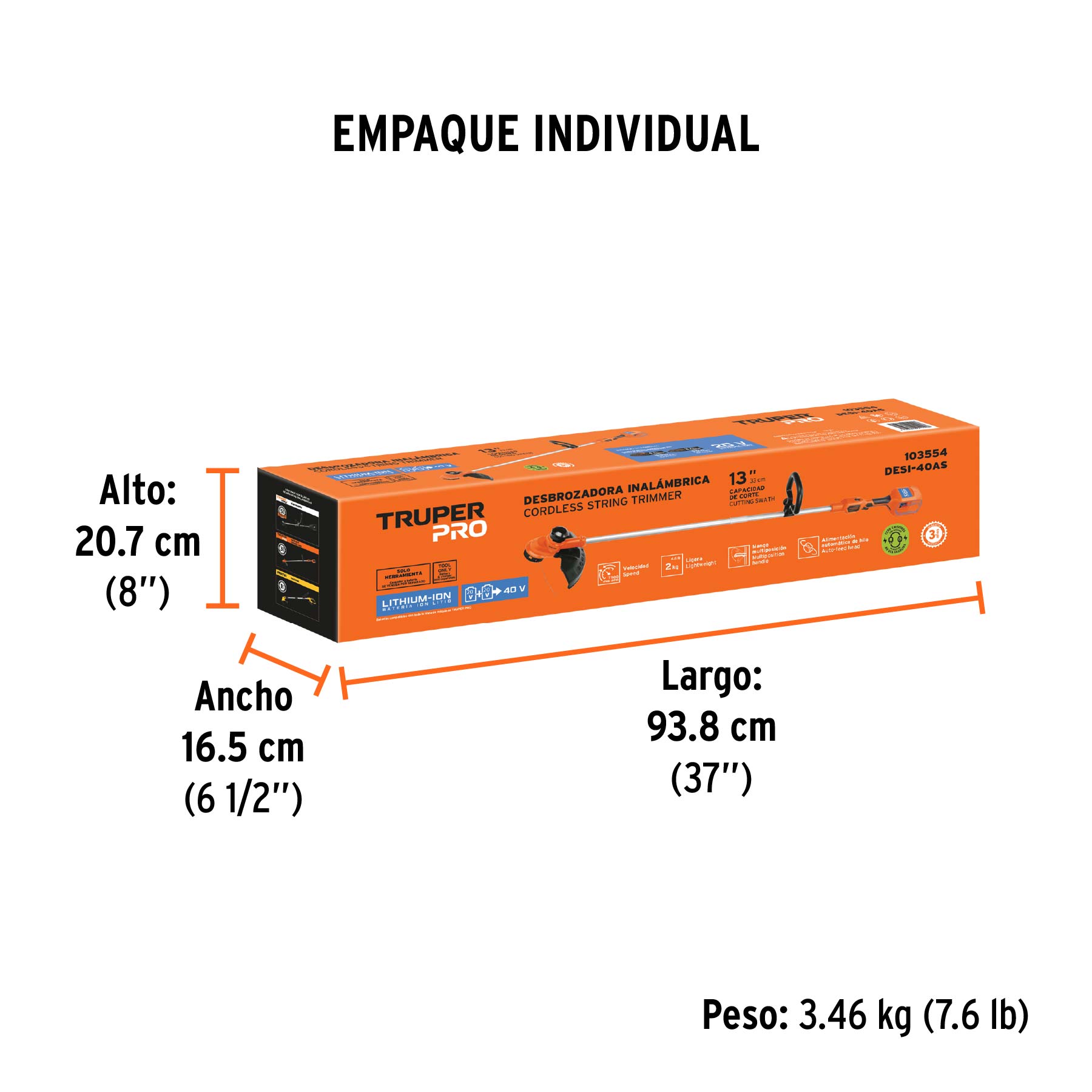 Desbrozadora inalámbrica 40V, sin accesorios, TRUPER PRO - Empaque