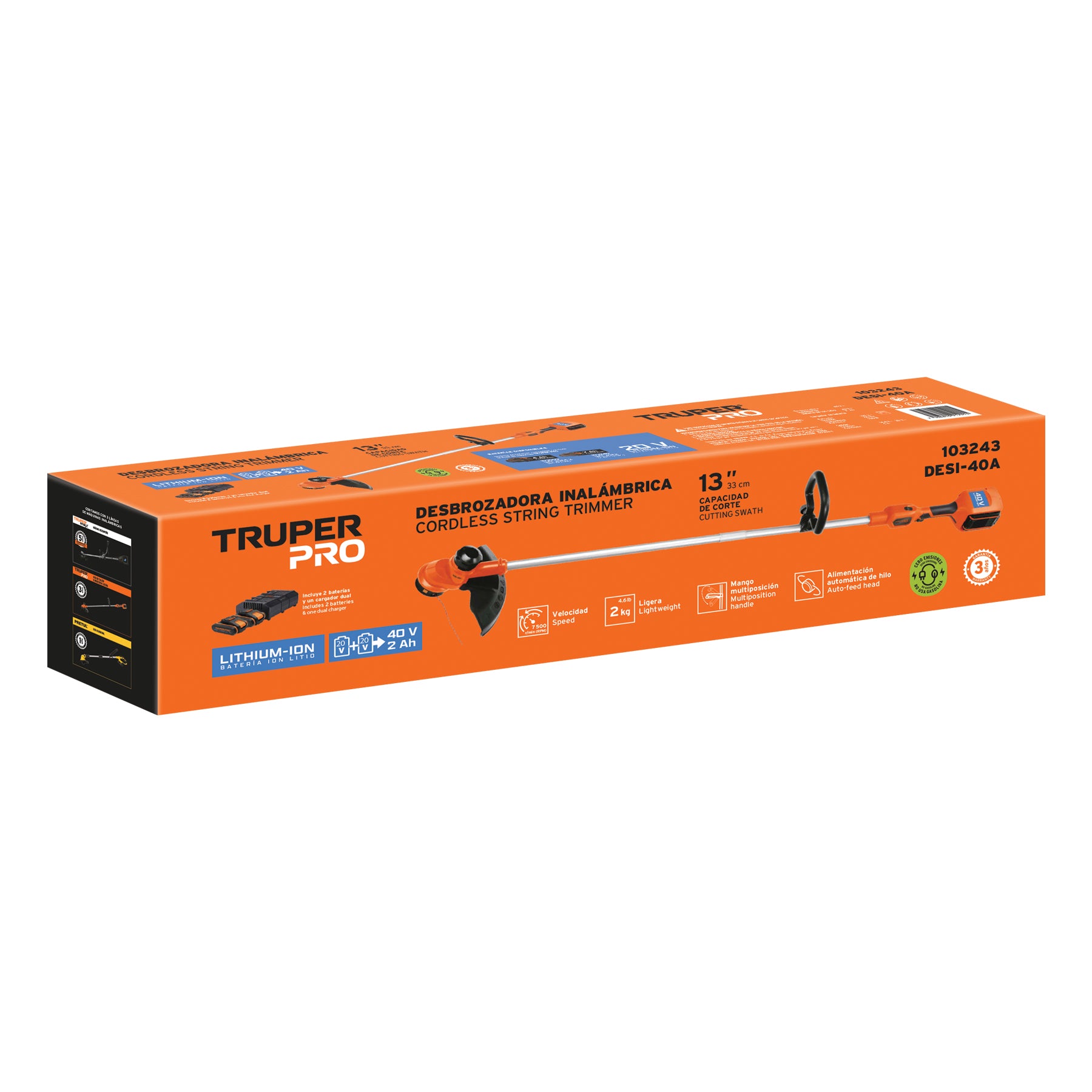 Desbrozadora inalámbrica 40V, 2 baterías 2Ah,1 carg.dual,PRO