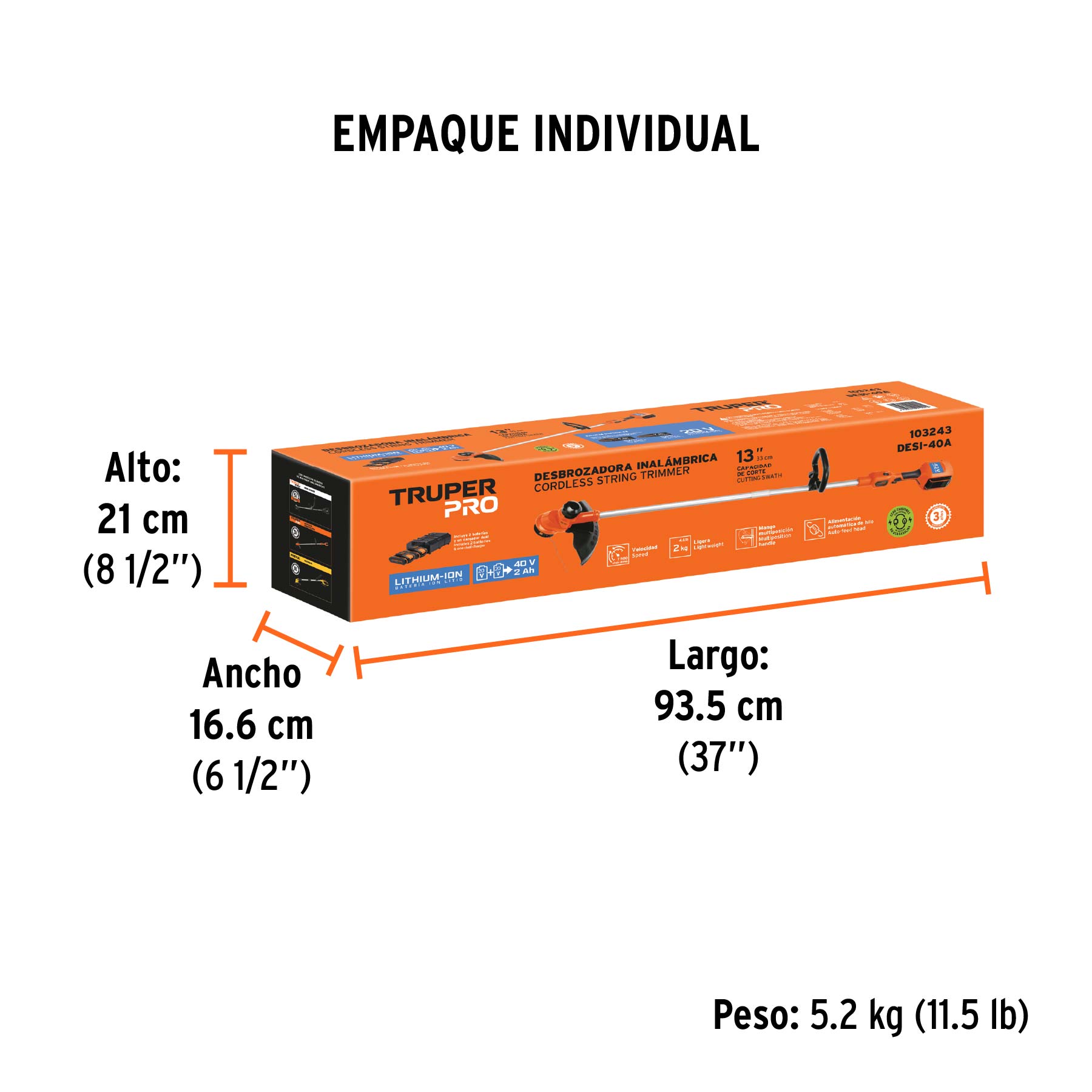 Desbrozadora inalámbrica 40V, 2 baterías 2Ah,1 carg.dual,PRO - Empaque