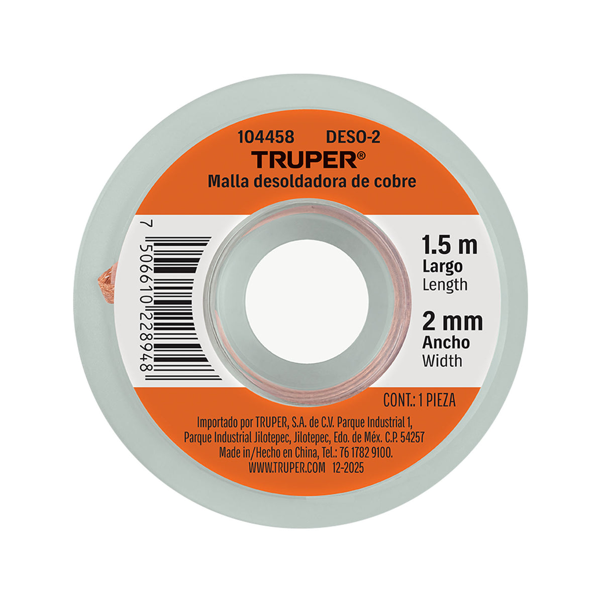 Malla desoldadora de cobre, 2 mm x 1.5 m, TRUPER