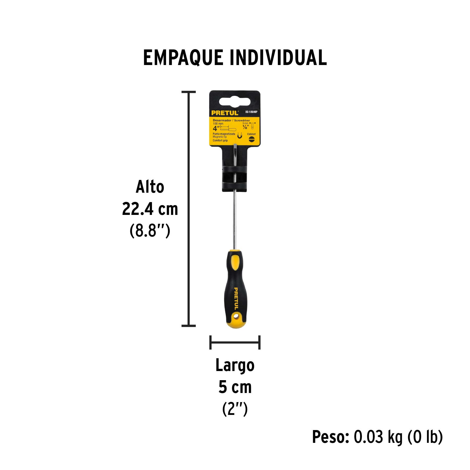 Desarmador cabinet 1/8 x 4" mango Comfort Grip, PRETUL - Empaque