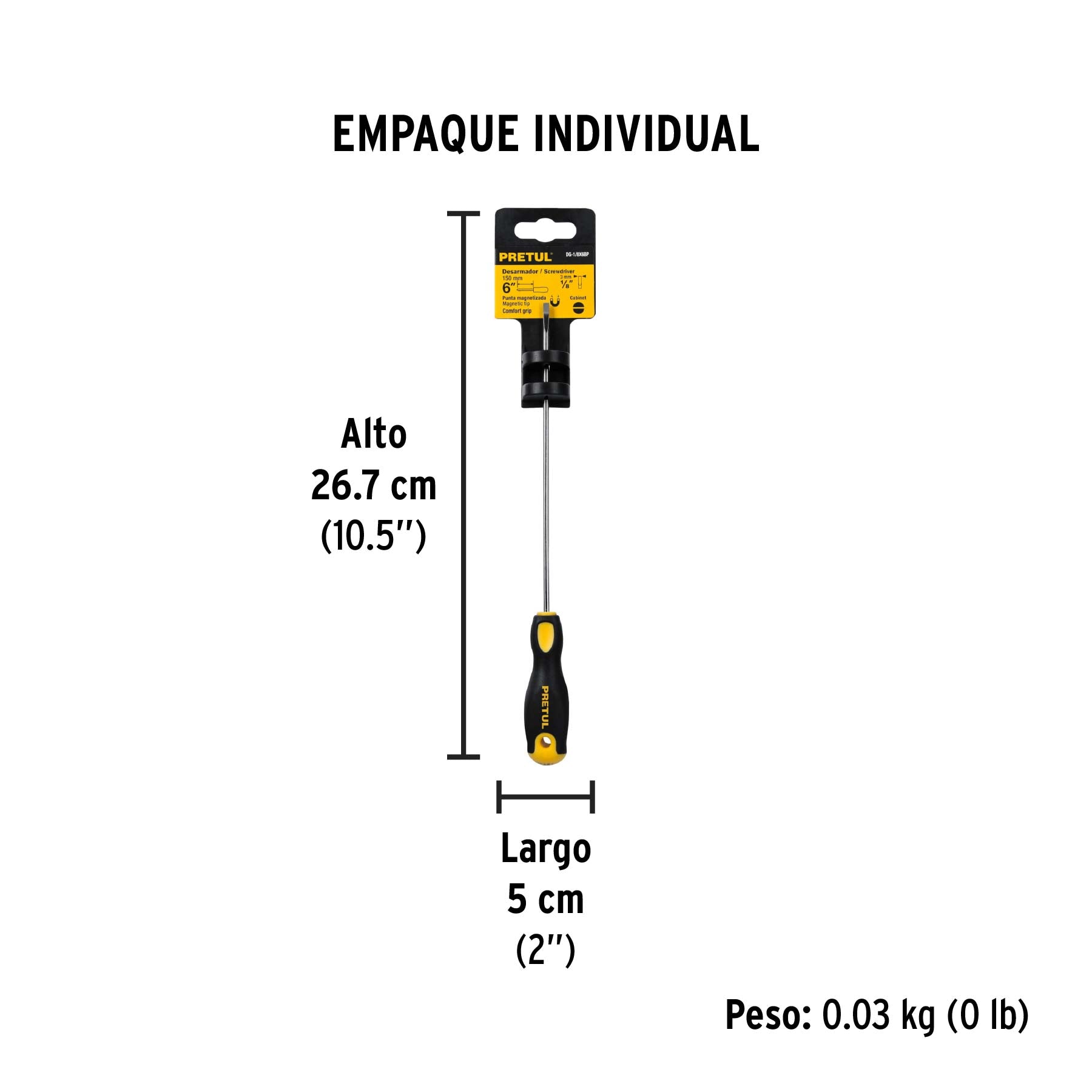Desarmador cabinet 1/8 x 6" mango Comfort Grip, PRETUL - Empaque