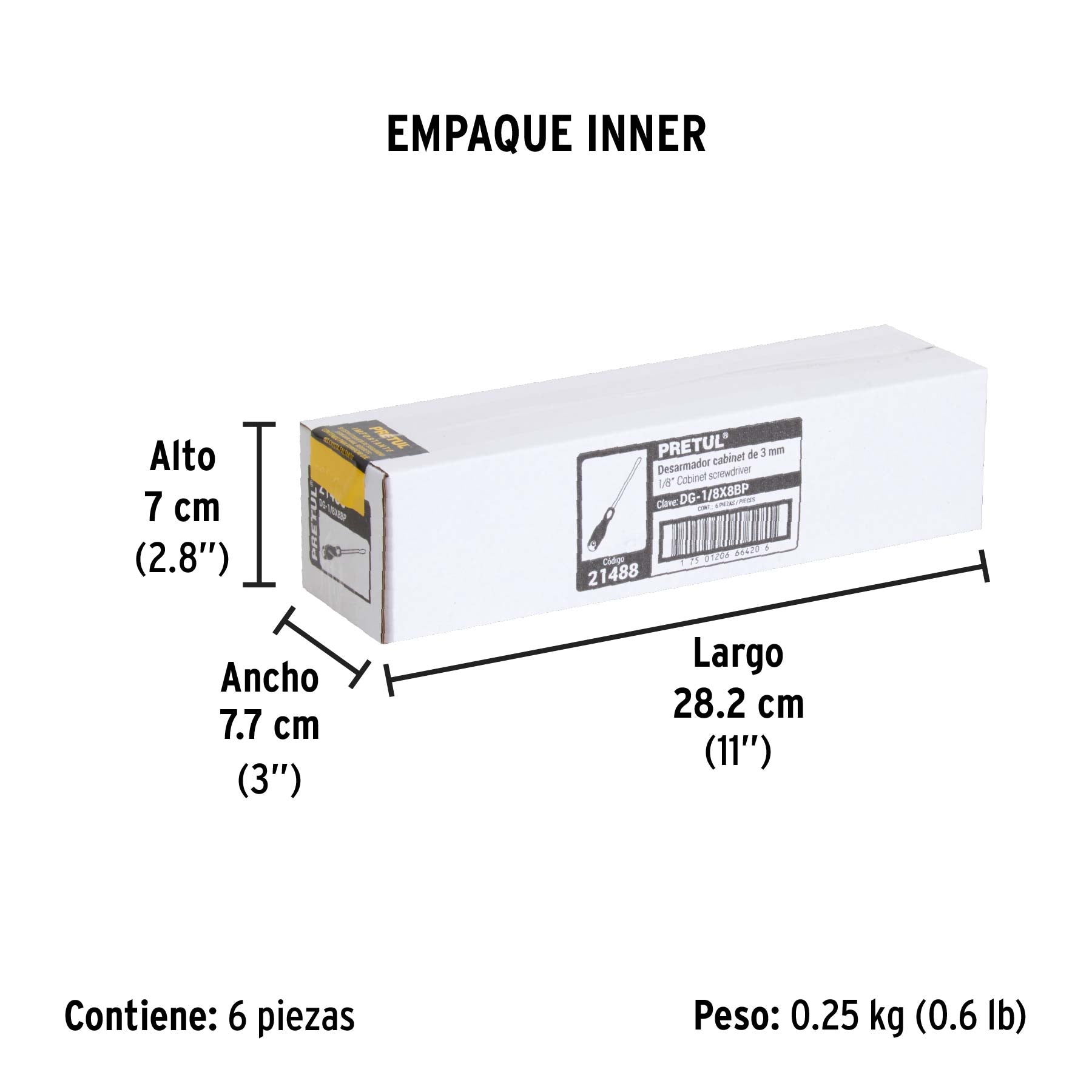 Desarmador cabinet 1/8 x 8" mango Comfort Grip, PRETUL - Empaque