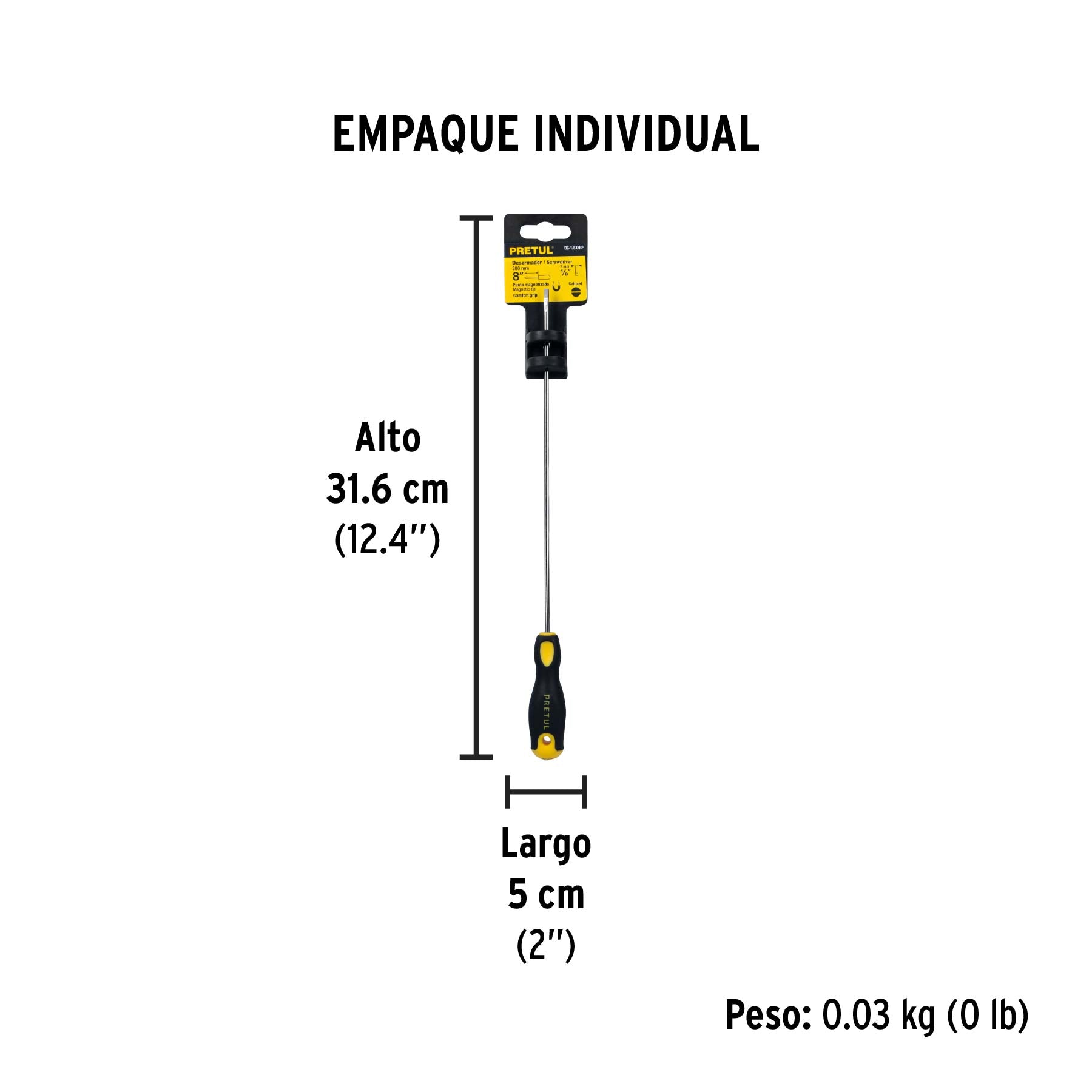 Desarmador cabinet 1/8 x 8" mango Comfort Grip, PRETUL - Empaque