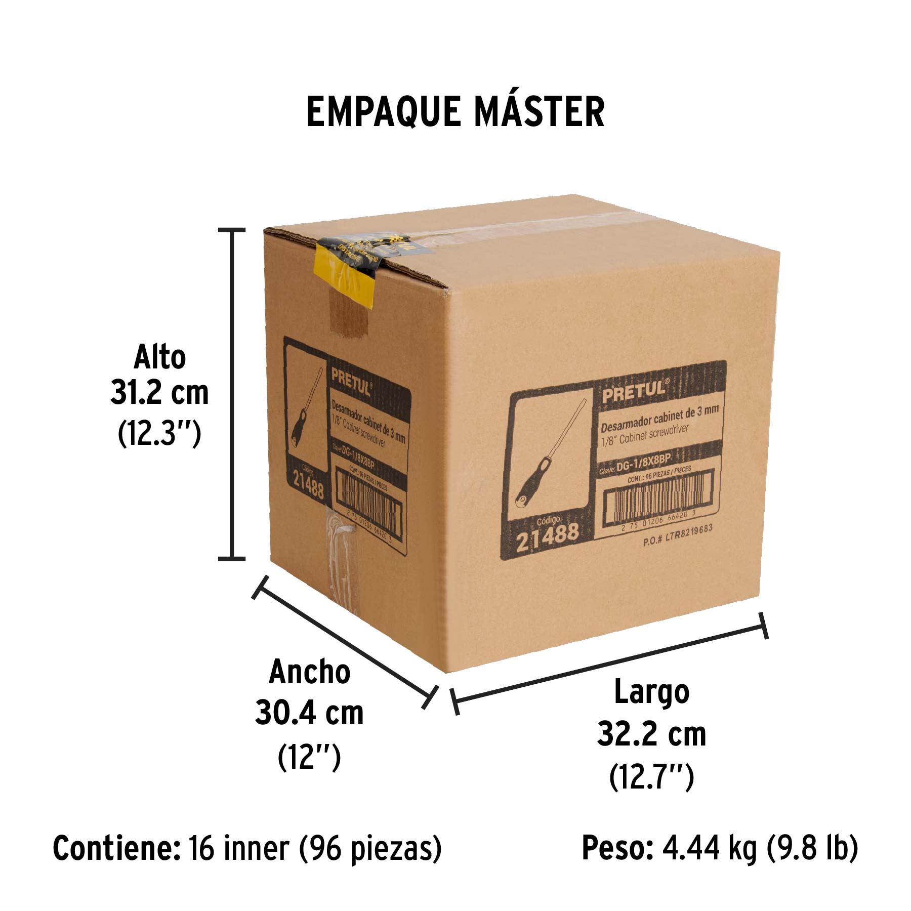 Desarmador cabinet 1/8 x 8" mango Comfort Grip, PRETUL - Empaque