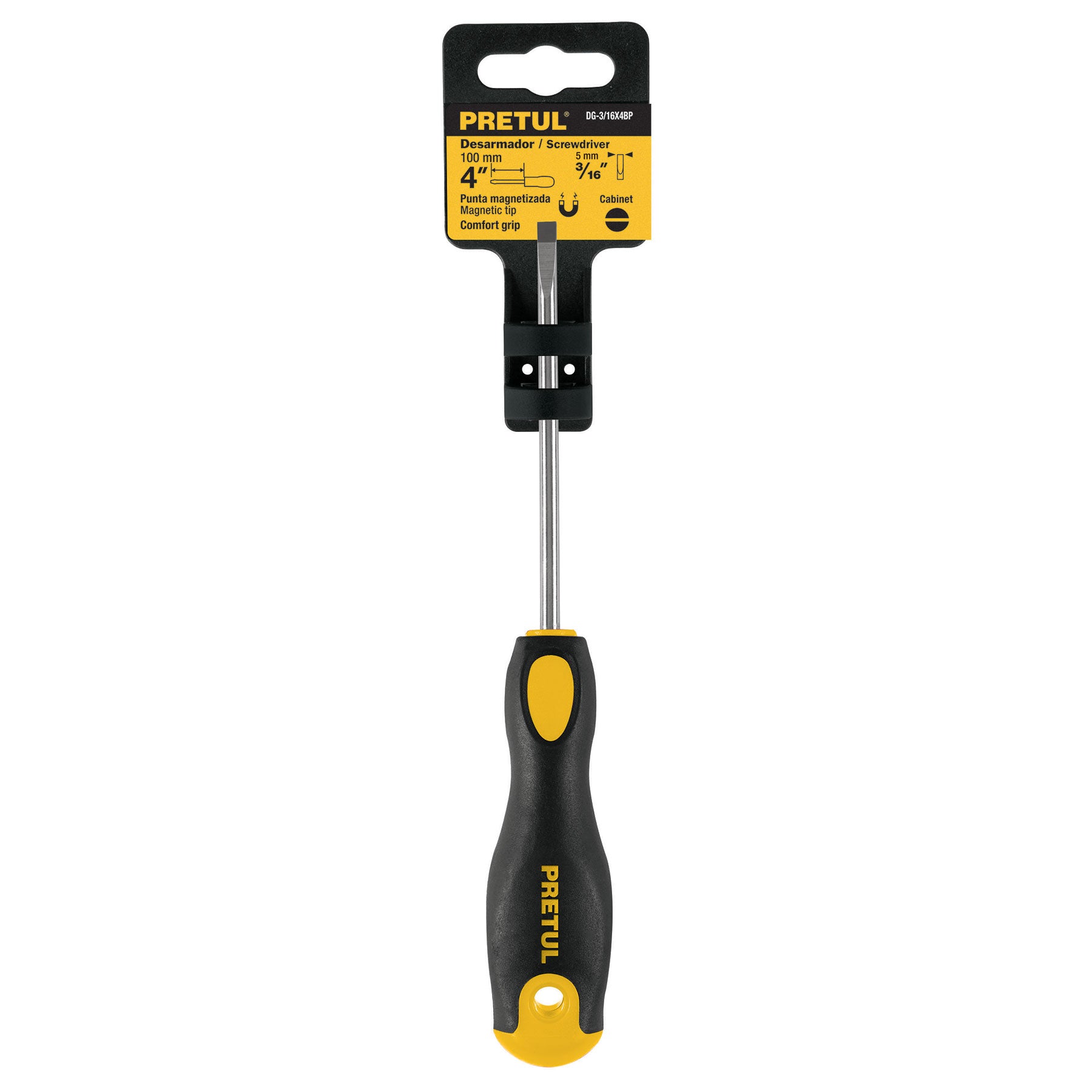 Desarmador cabinet 3/16 x 4" mango Comfort Grip, PRETUL