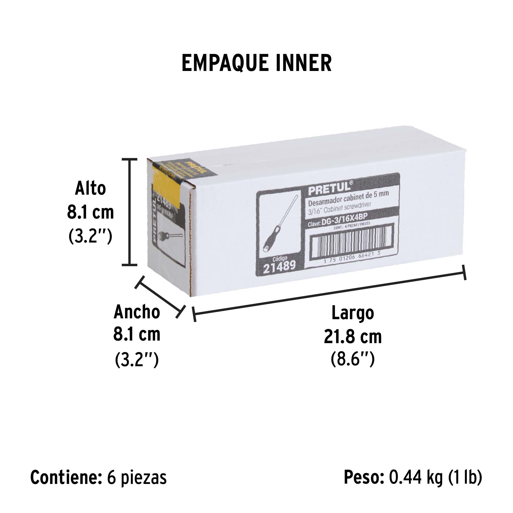 Desarmador cabinet 3/16 x 4" mango Comfort Grip, PRETUL - Empaque