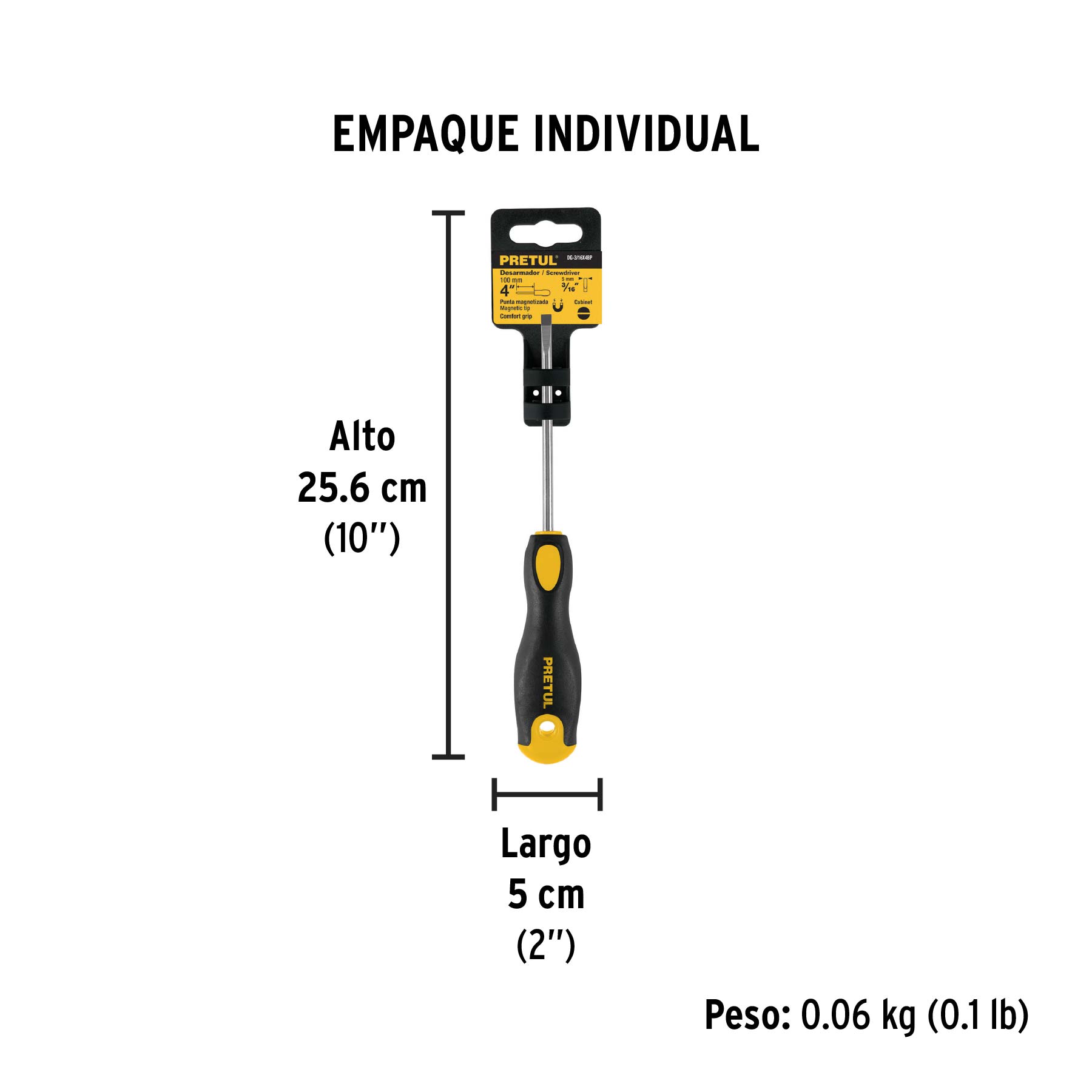 Desarmador cabinet 3/16 x 4" mango Comfort Grip, PRETUL - Empaque