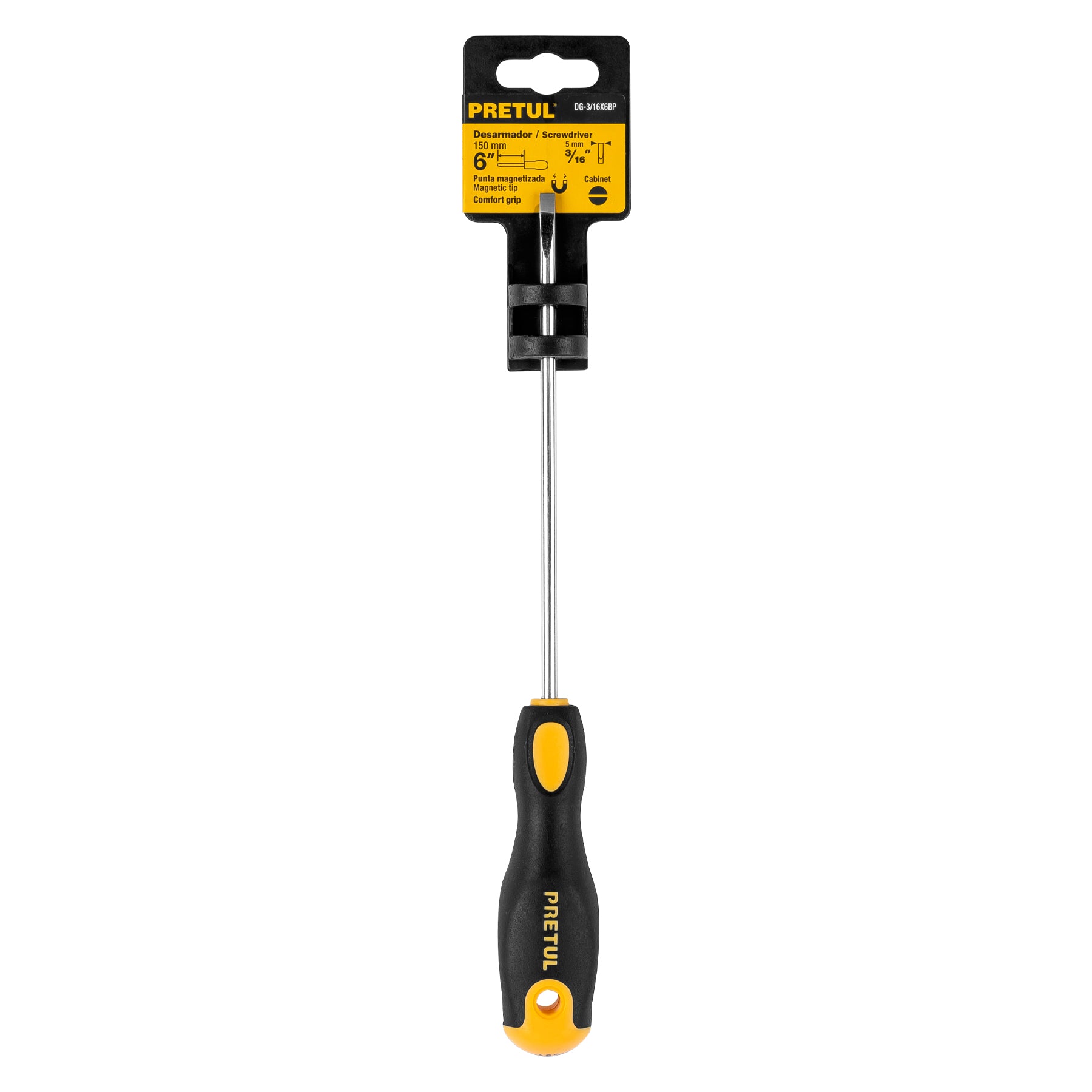 Desarmador cabinet 3/16 x 6" mango Comfort Grip, PRETUL