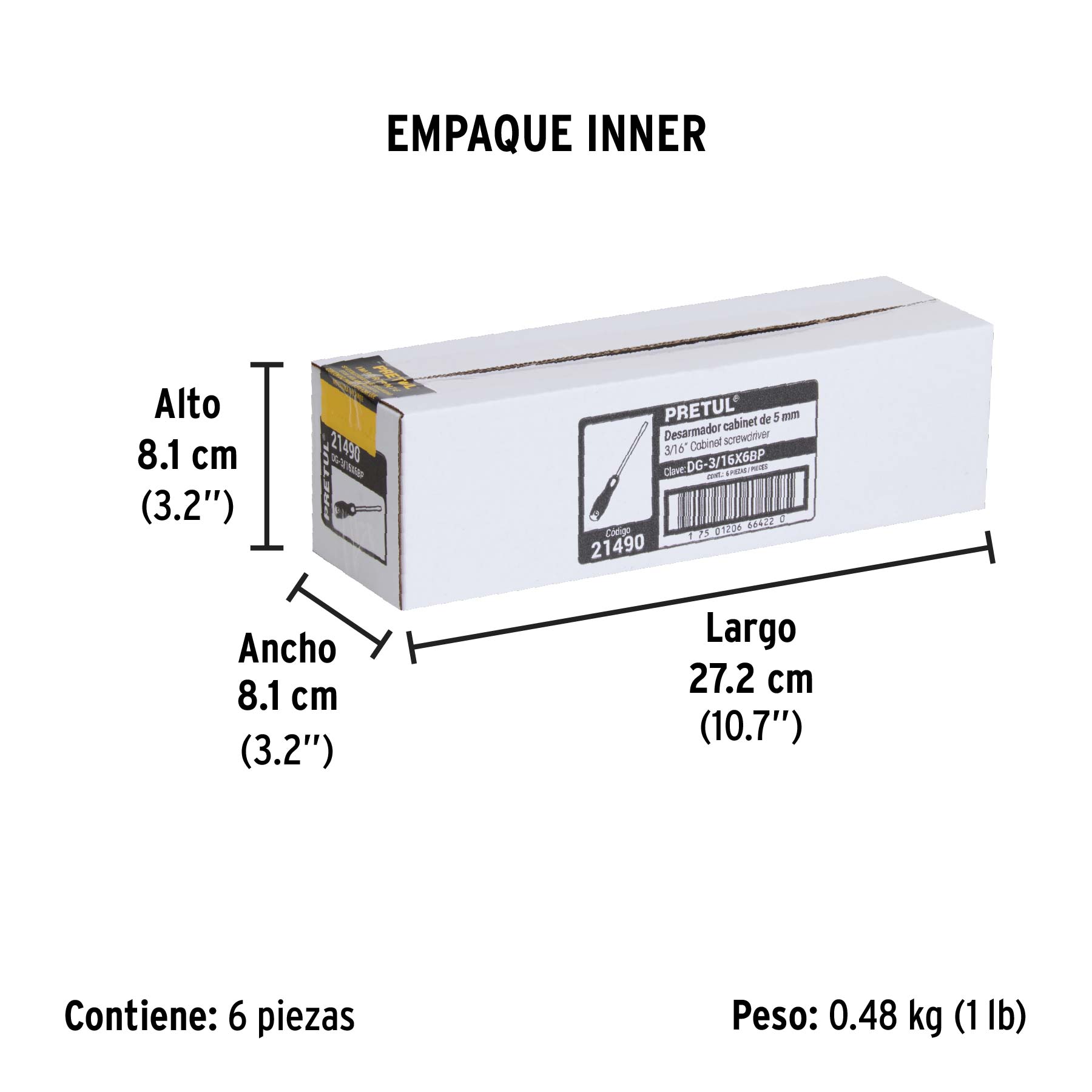 Desarmador cabinet 3/16 x 6" mango Comfort Grip, PRETUL - Empaque