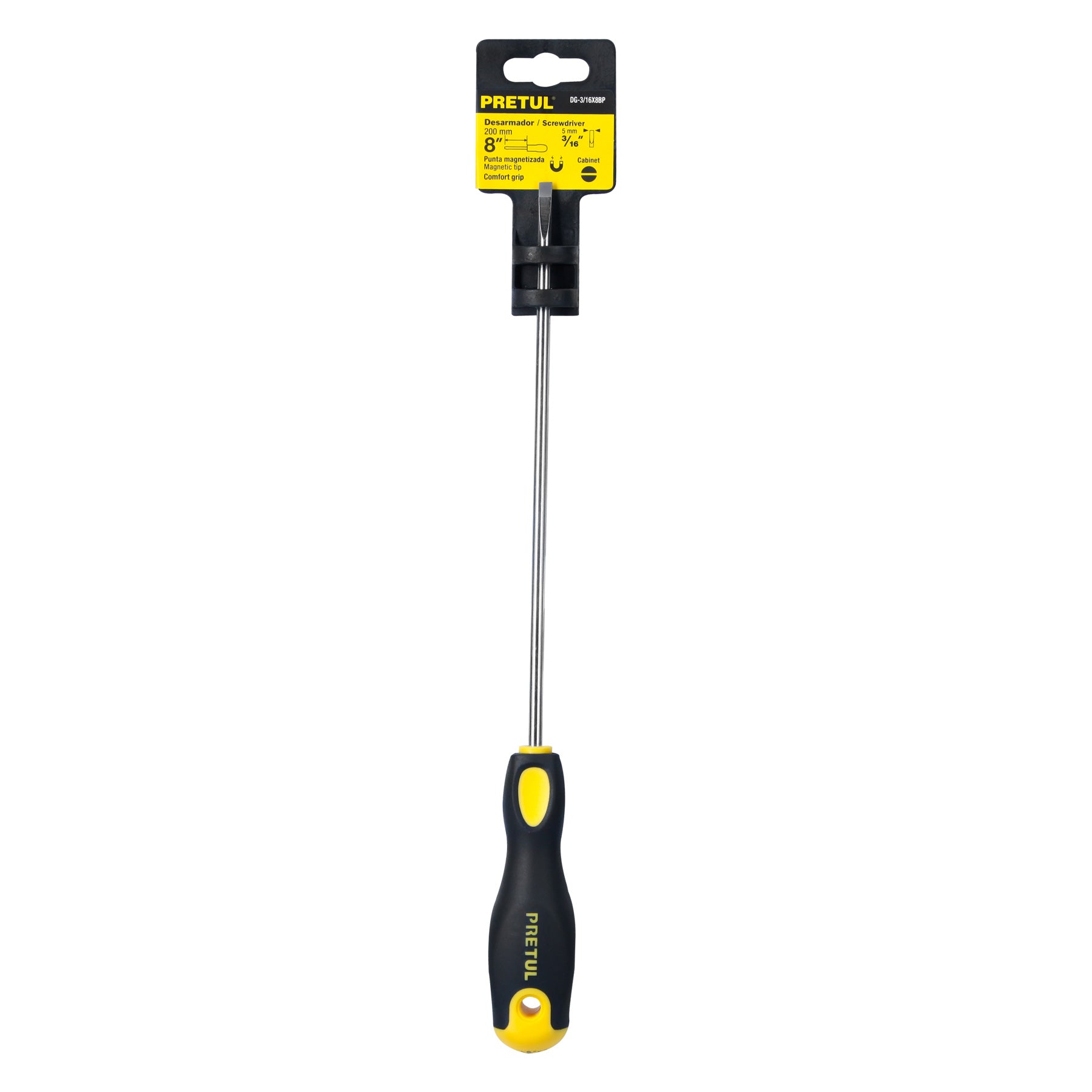Desarmador cabinet 3/16 x 8" mango Comfort Grip, PRETUL
