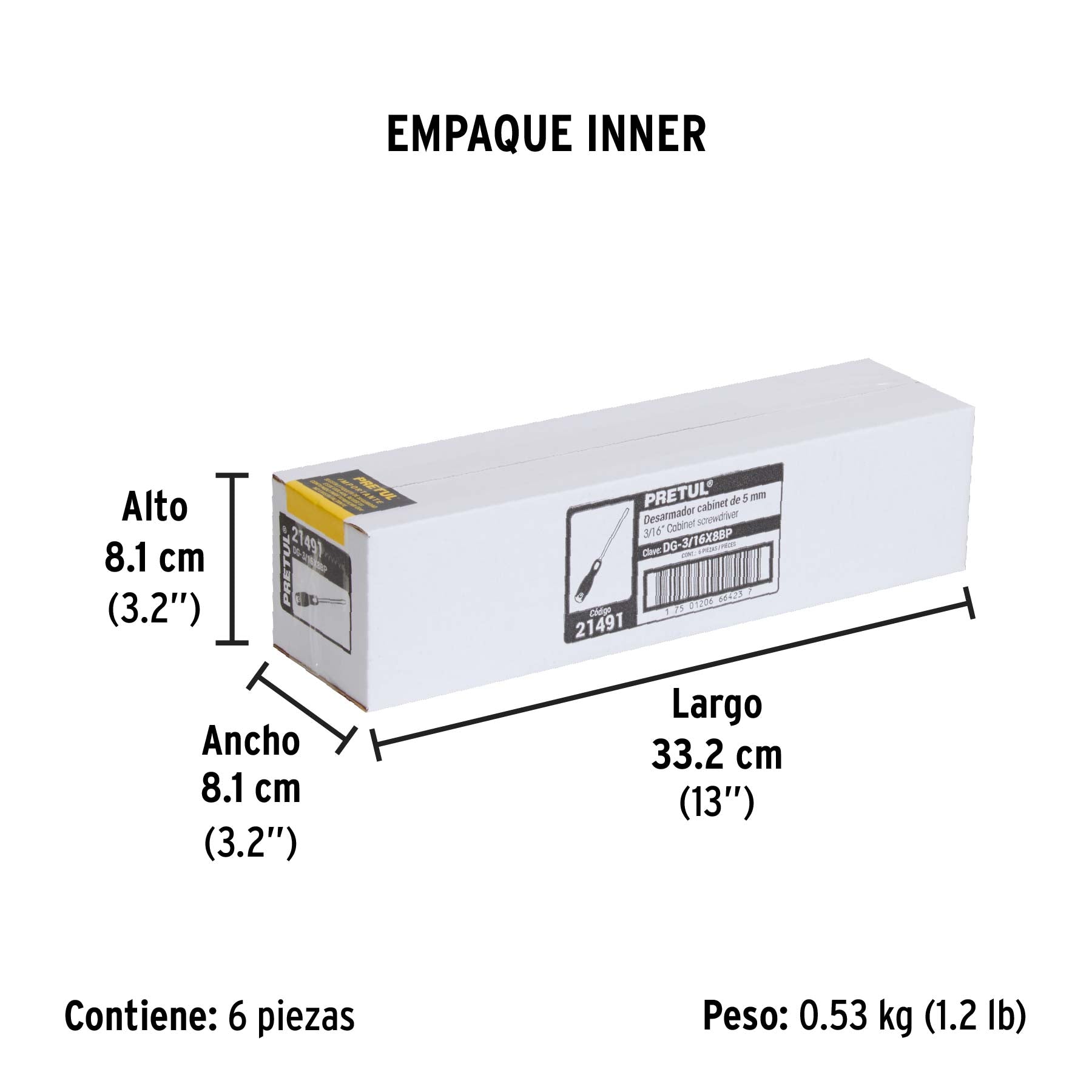Desarmador cabinet 3/16 x 8" mango Comfort Grip, PRETUL - Empaque