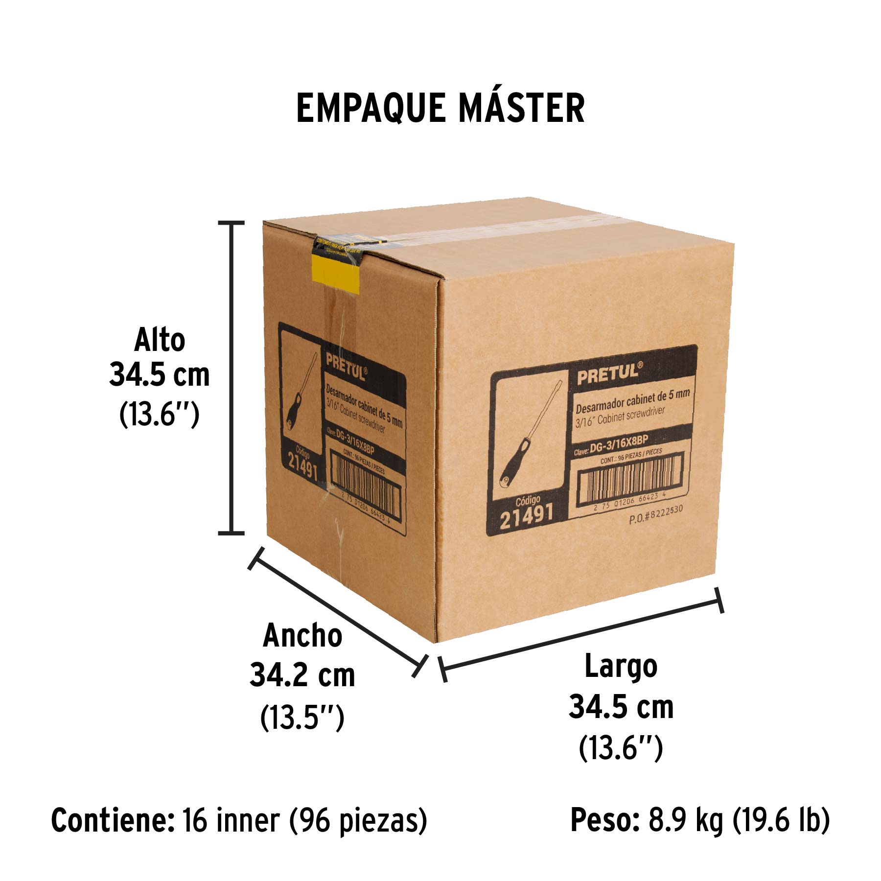 Desarmador cabinet 3/16 x 8" mango Comfort Grip, PRETUL - Empaque