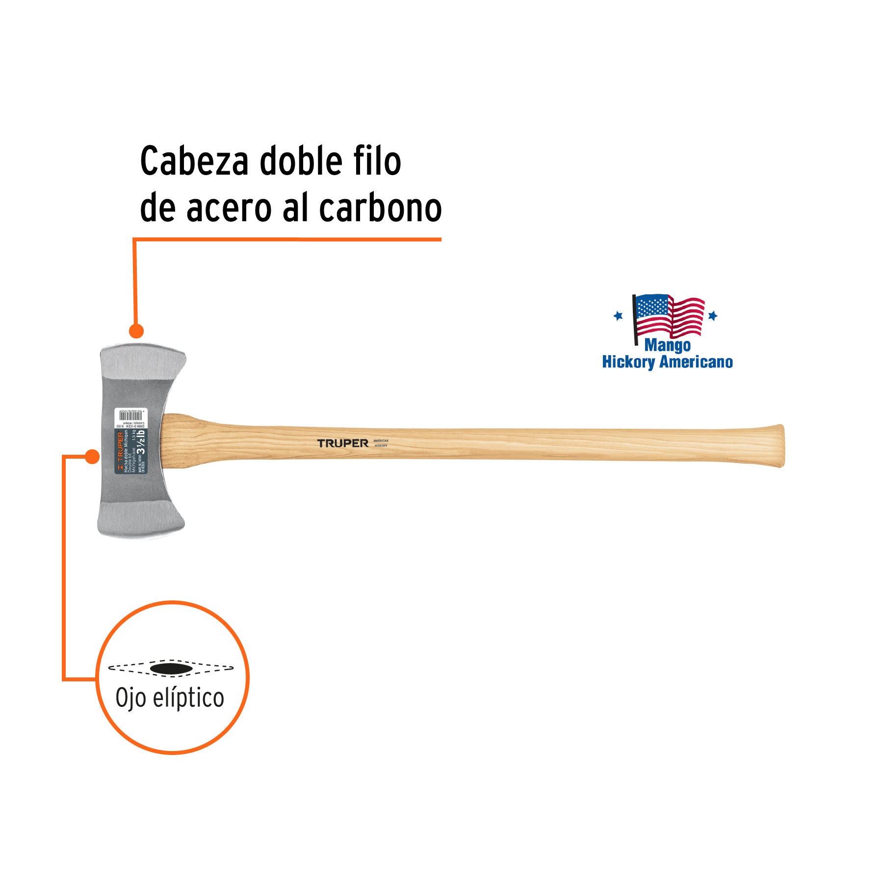 Hacha doble Michigan 3-1/2 lbs, mango de hickory 35", TRUPER