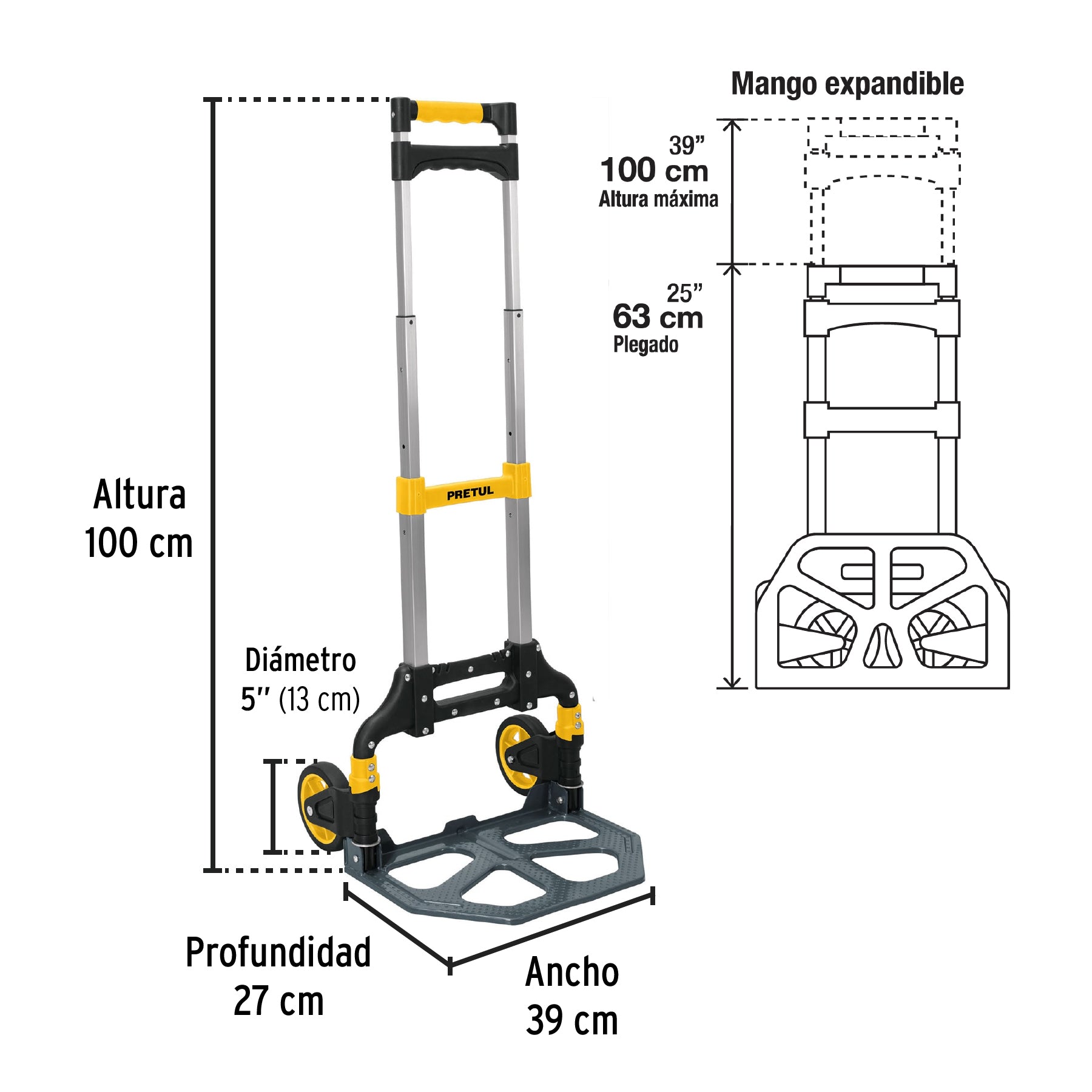 Diablo de carga, plegable de aluminio y base acero, 100 kg