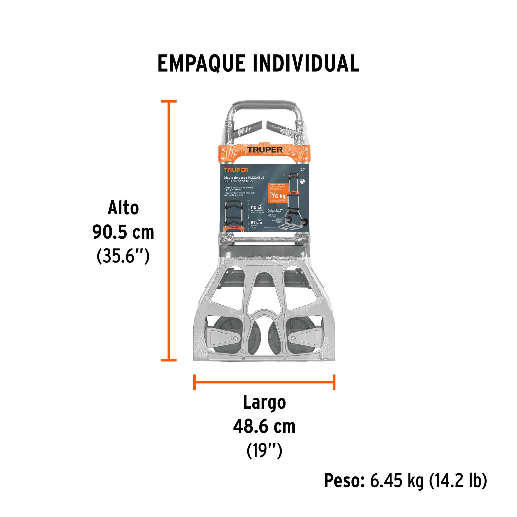 Diablo de carga, plegable de aluminio, 170 kg, TRUPER - Empaque