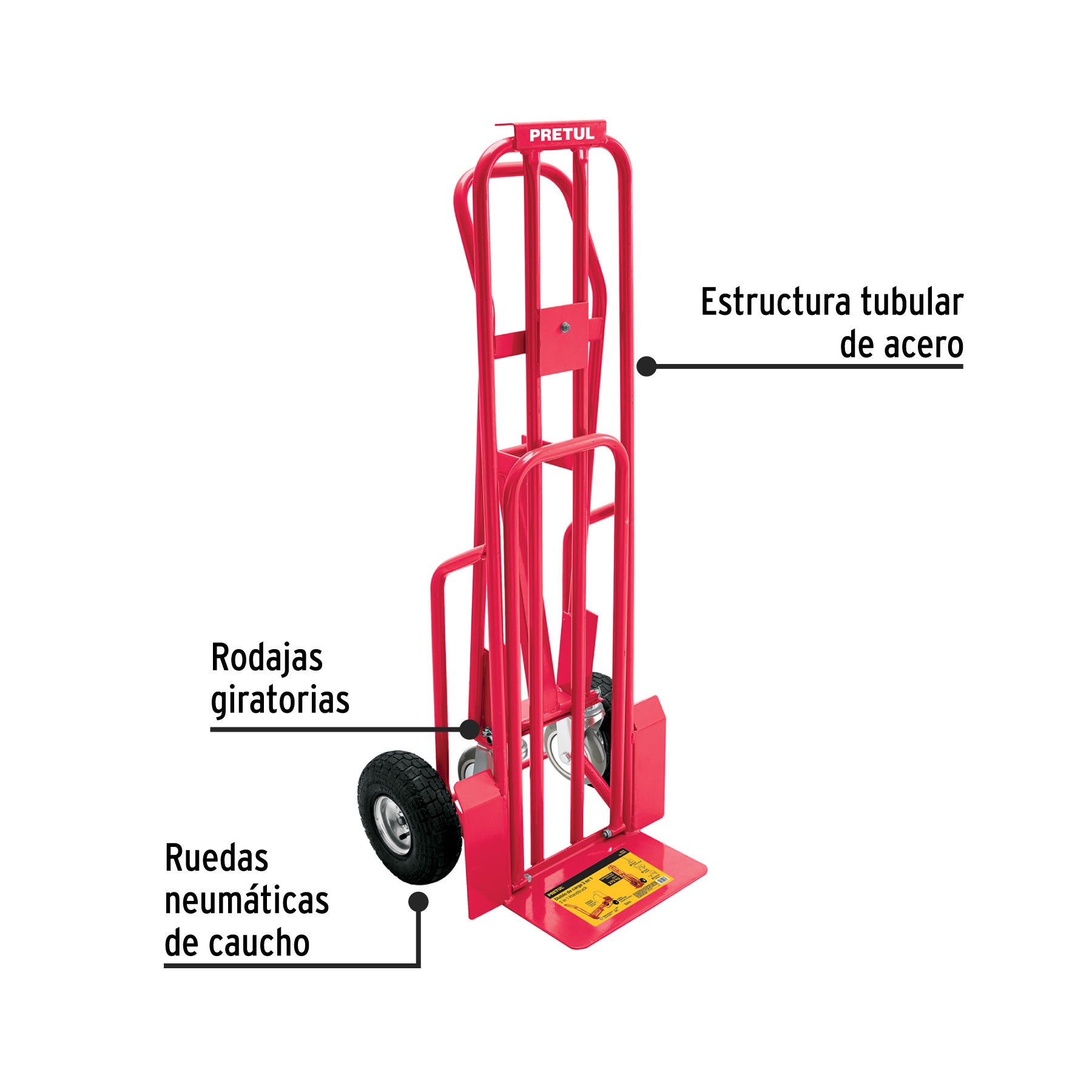 Diablo de carga convertible 3 en 1, 270kg, ruedas neumáticas