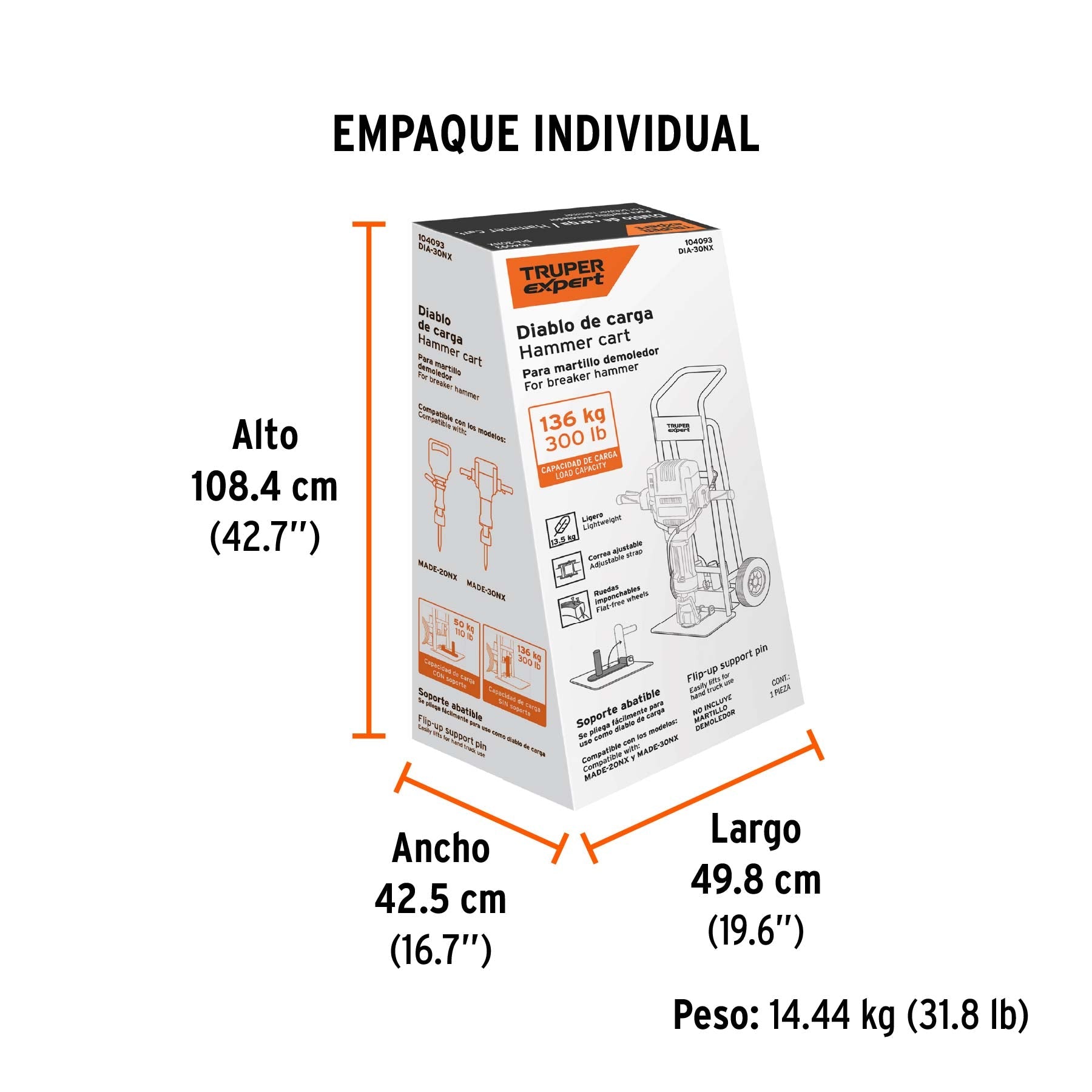 Diablo transportador para martillo demoledor, 136 kg, EXPERT - Empaque