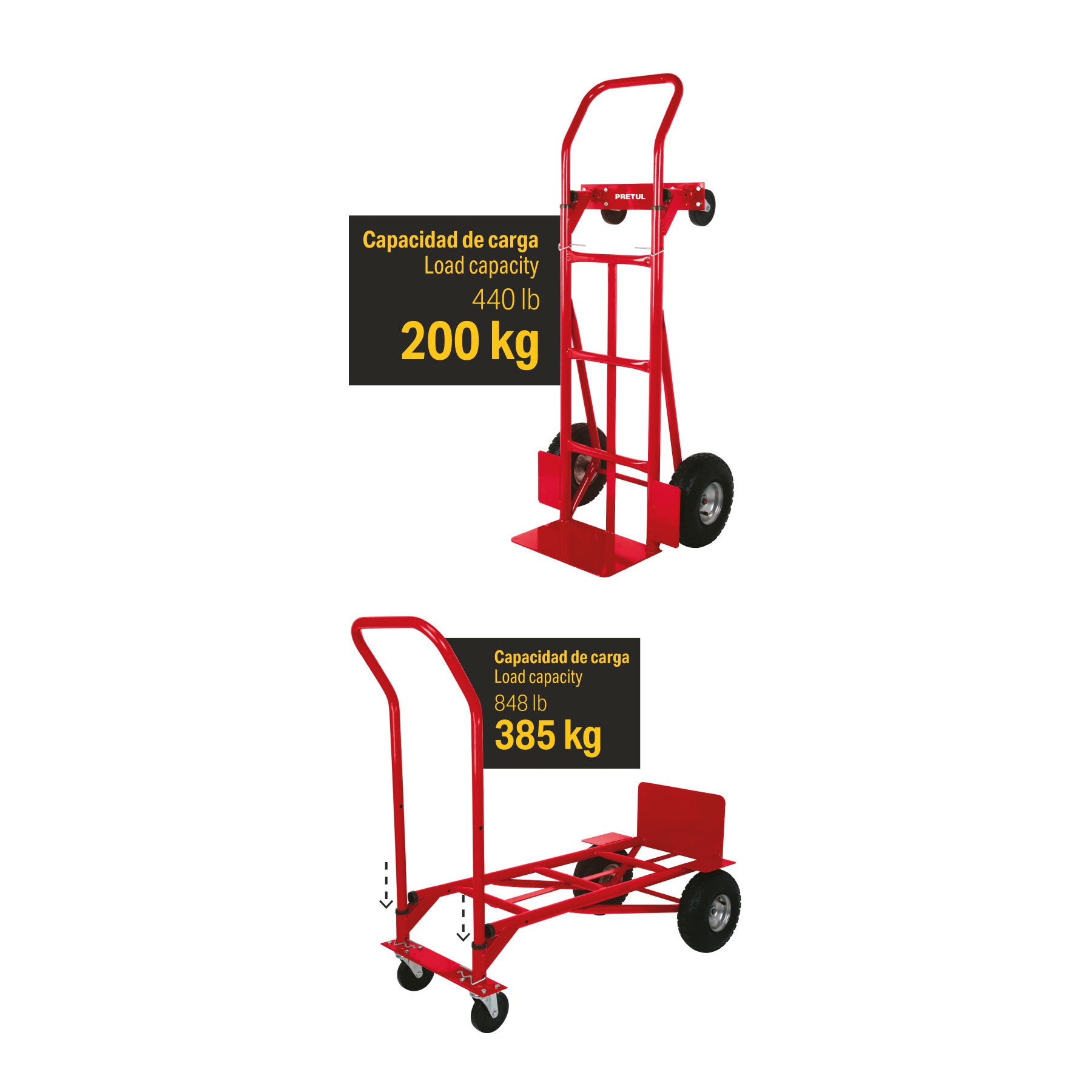 Diablo de carga convertible 2 en 1, 385kg, ruedas neumáticas
