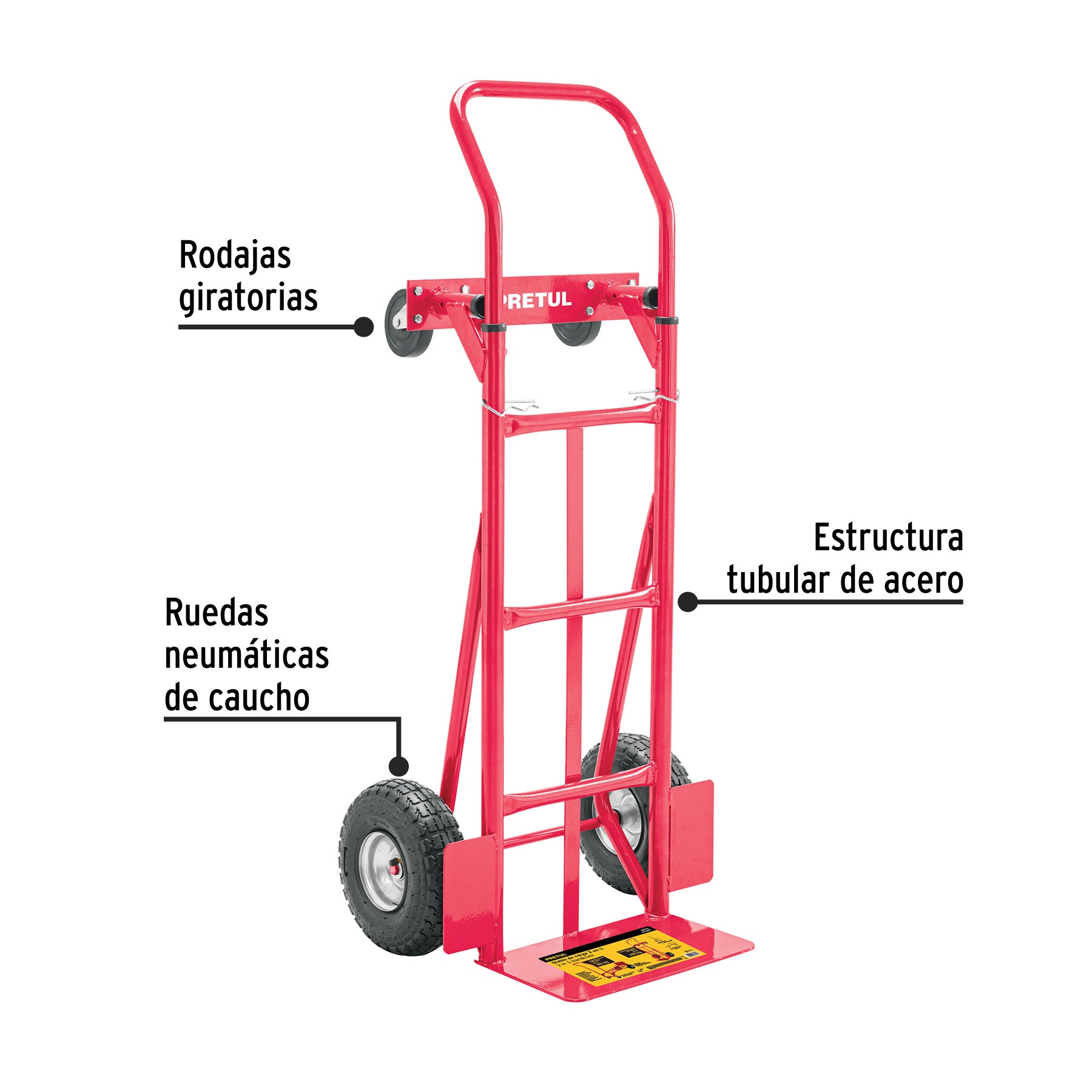 Diablo de carga convertible 2 en 1, 385kg, ruedas neumáticas