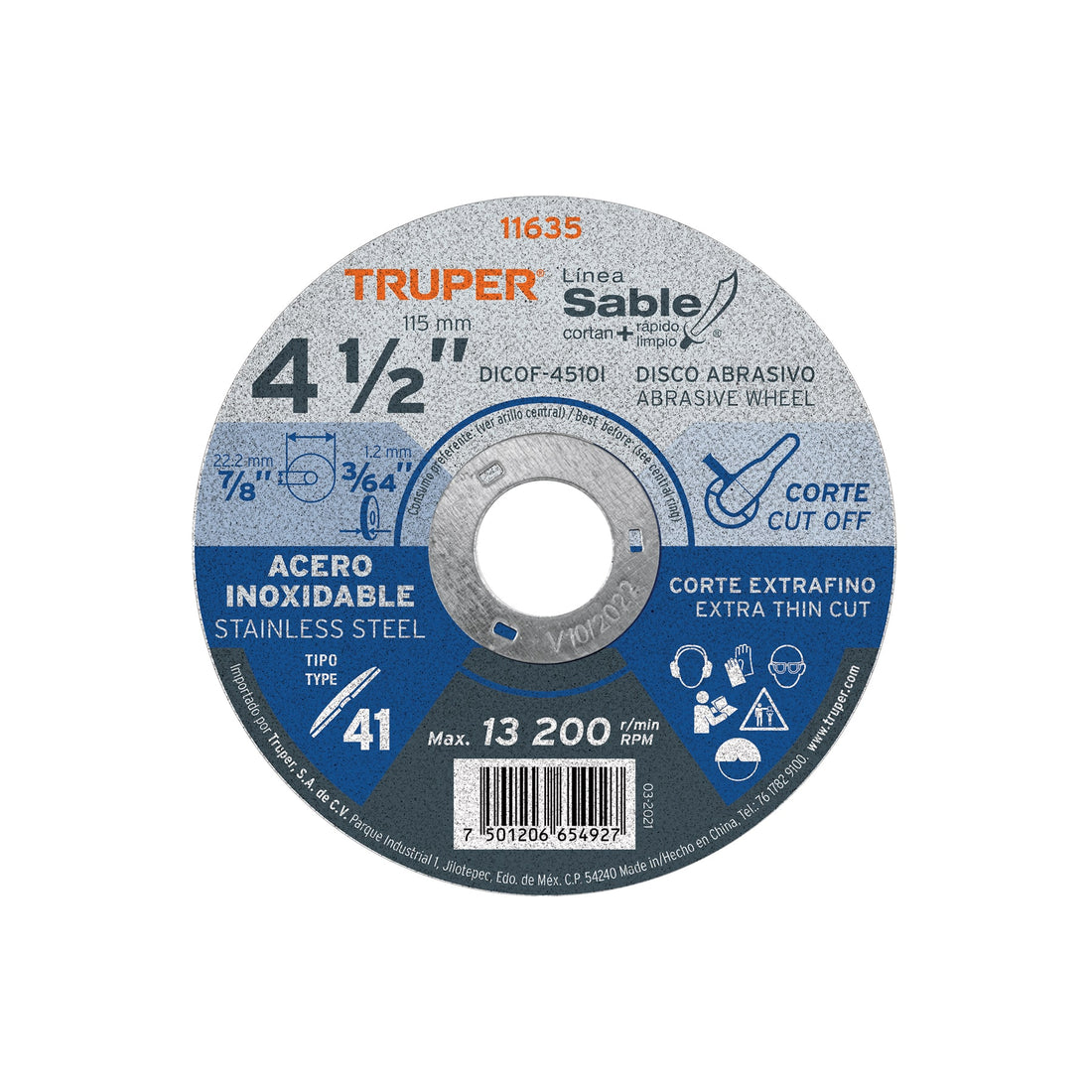 Disco abrasivo de corte preciso acero inox 4-1/2"x1mm TRUPER