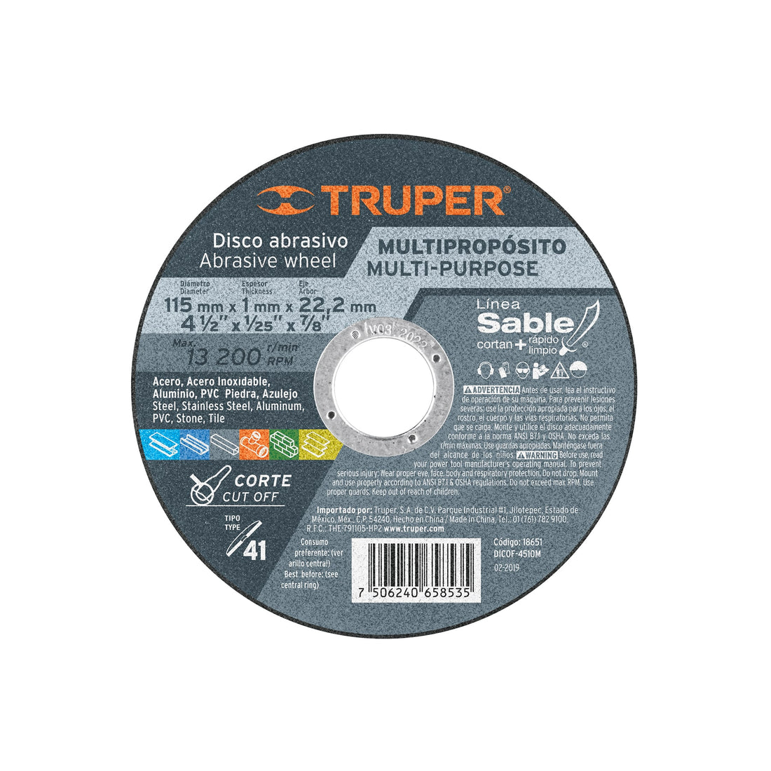 Disco abrasivo de corte preciso multimat 4-1/2" x 1mm TRUPER