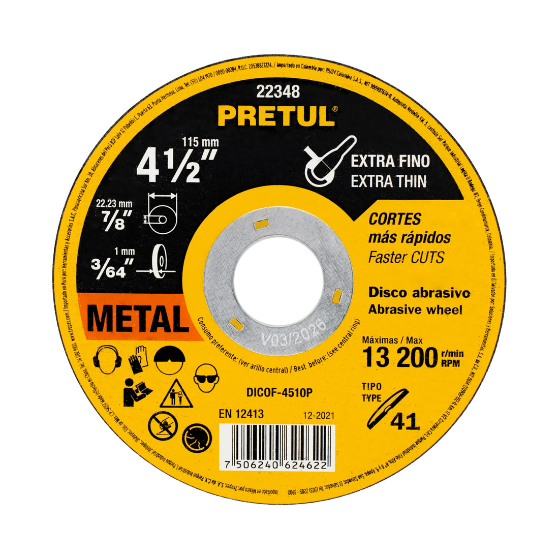 Disco abrasivo de corte preciso metal 4-1/2" x 1 mm, PRETUL