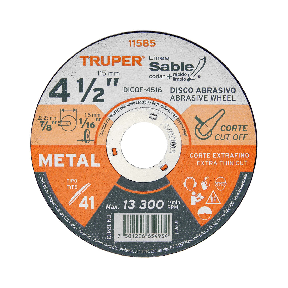 Disco abrasivo de corte preciso metal 4-1/2" x 1.6 mm TRUPER